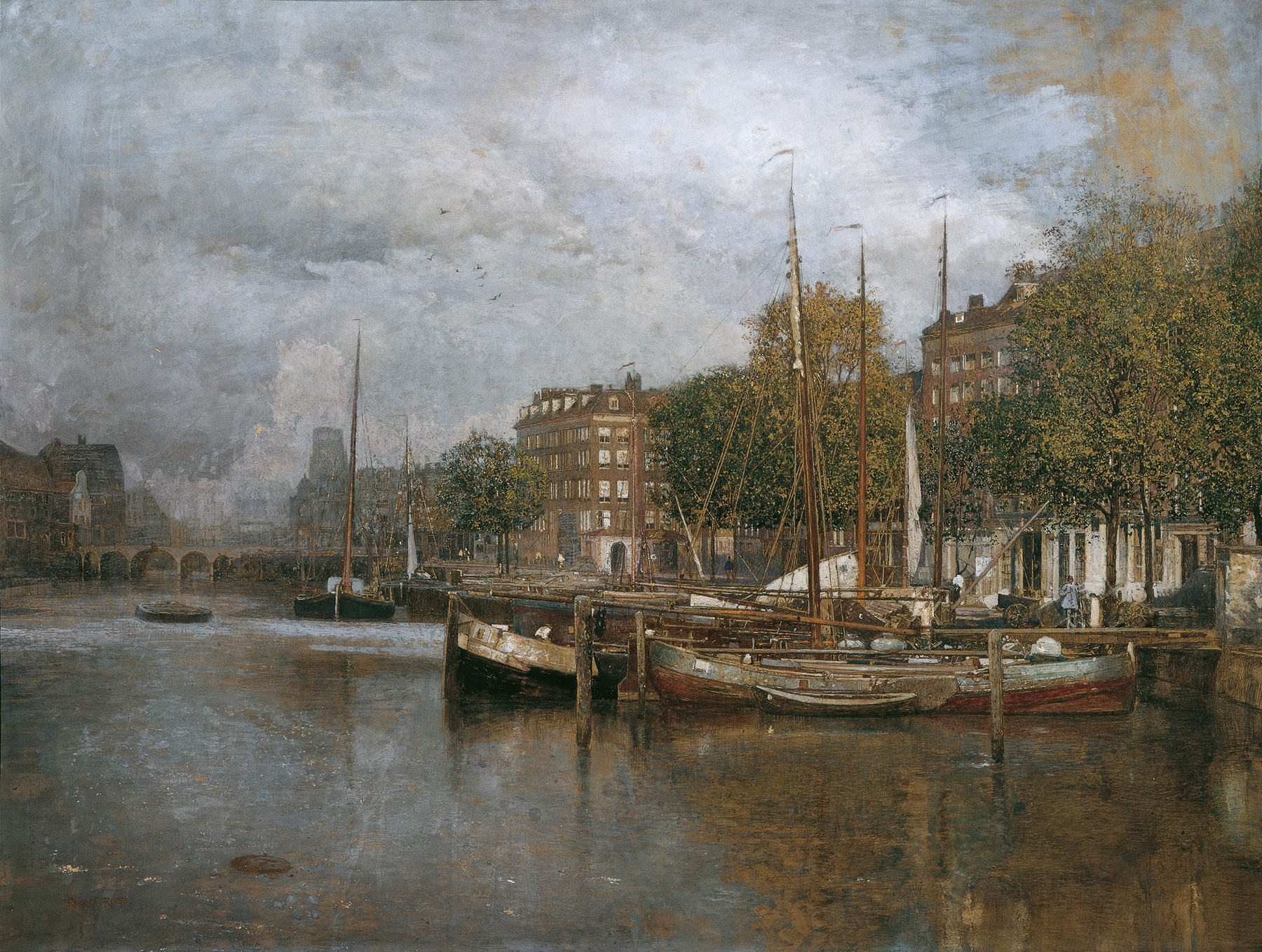 Kanal in Rotterdam by Robert Russ, oil on canvas depicting a tranquil canal scene