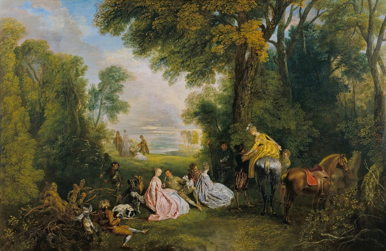 A lively hunting scene by Jean-Antoine Watteau.