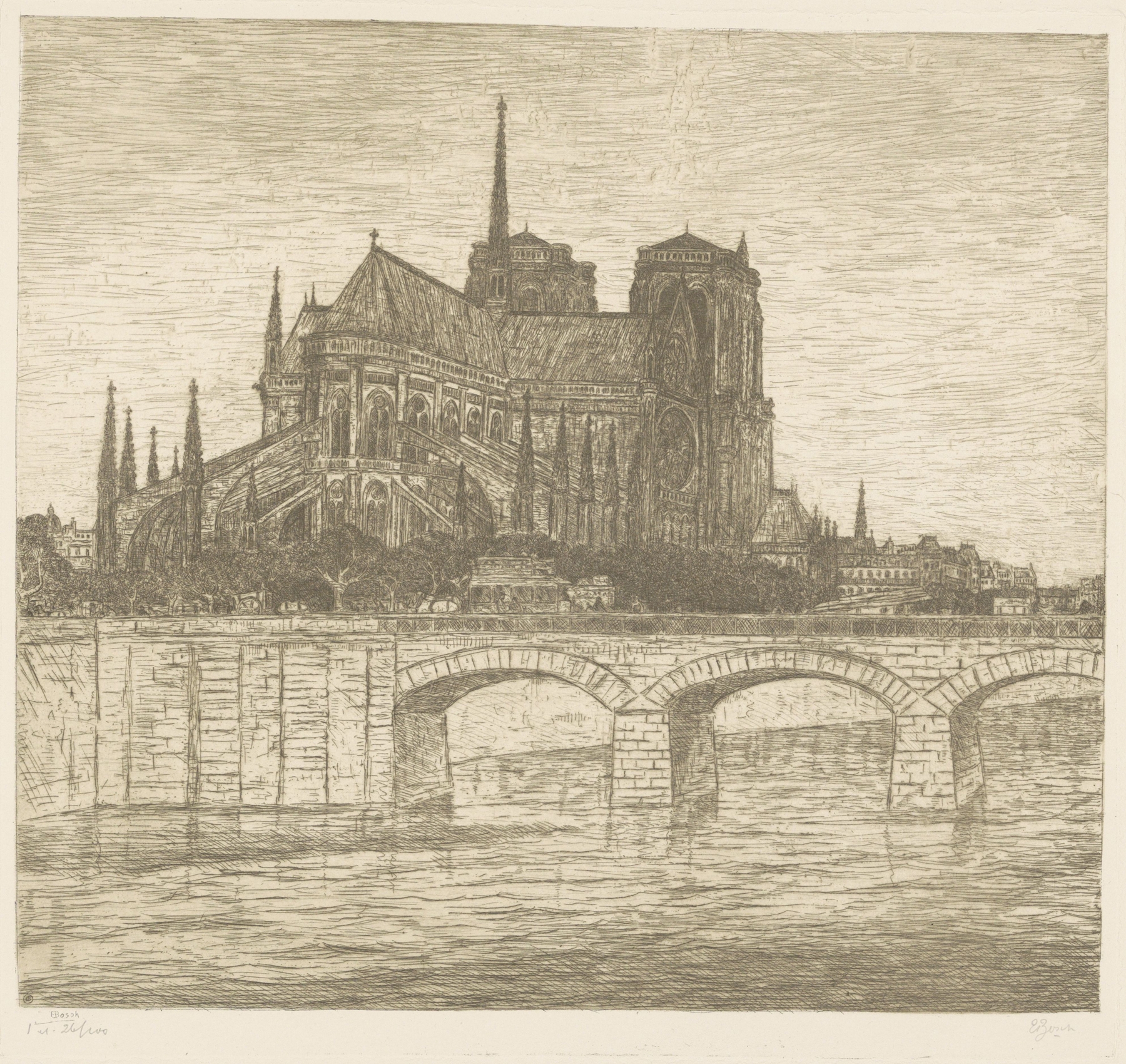 Oil painting by Etienne Bosch depicting Notre Dame's reflection in the Seine