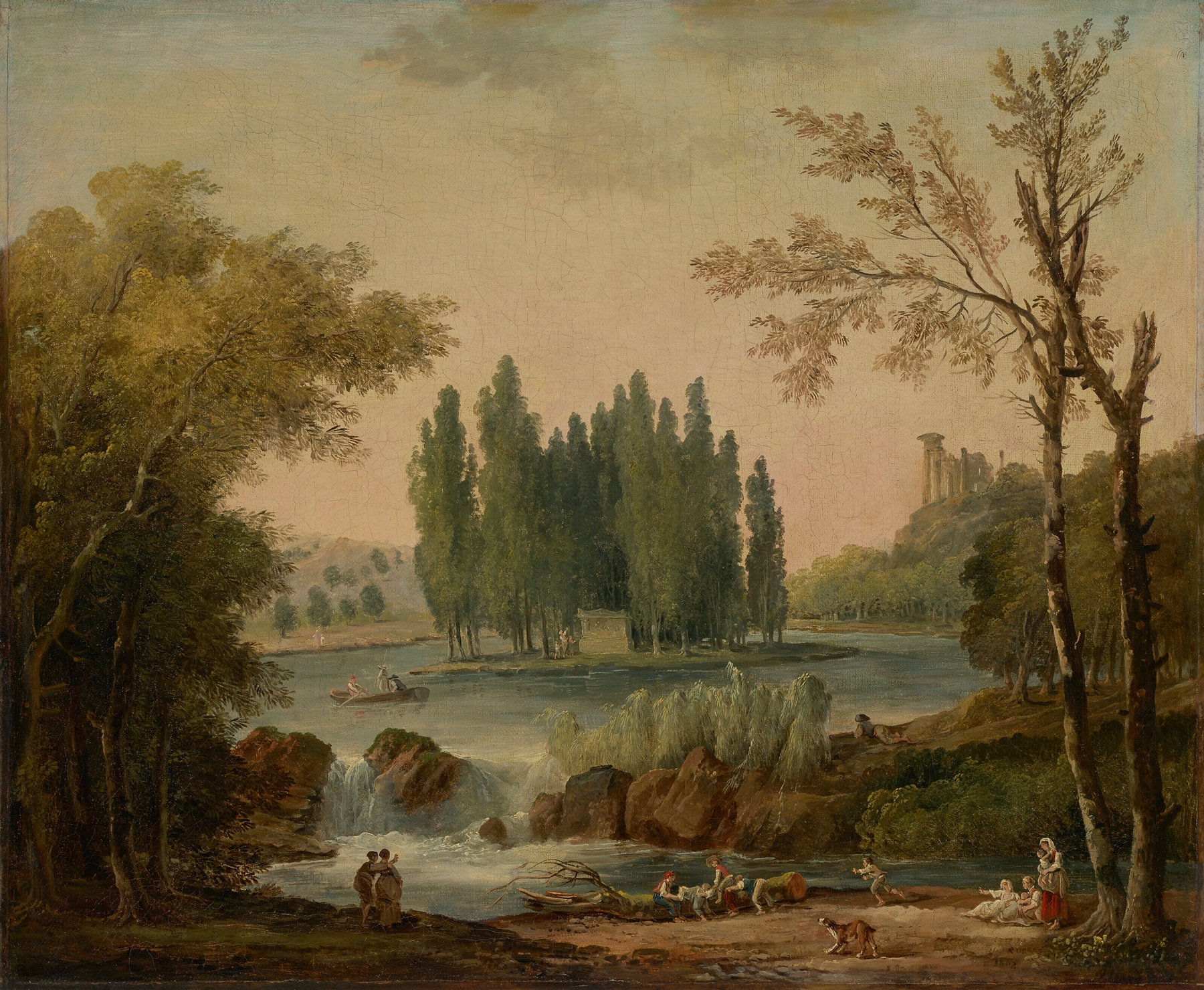 Oil painting by Hubert Robert depicting a park with a tomb and temple.