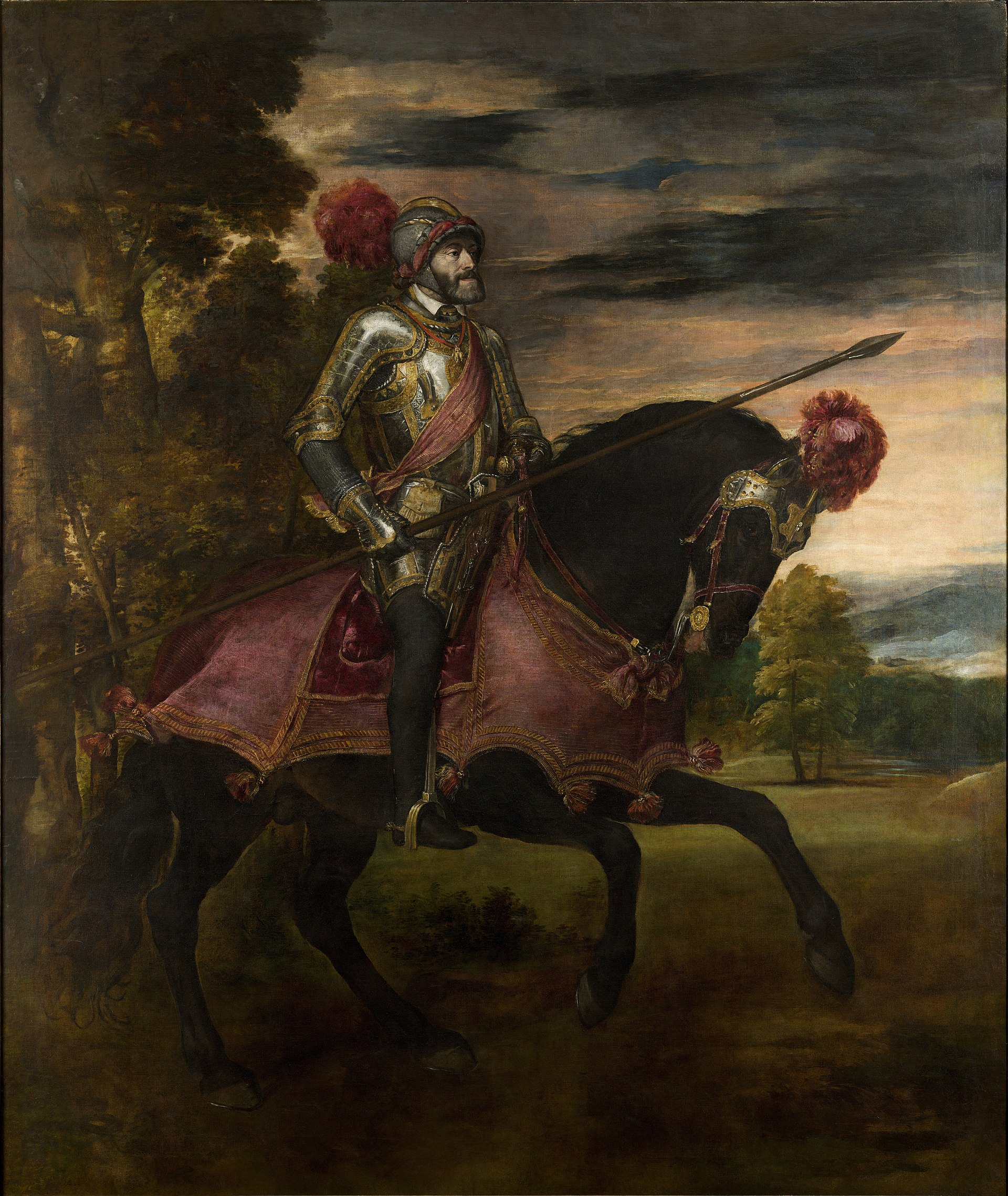 Charles V at Mühlberg by Titian, oil on canvas, shows the emperor in armor on horseback.