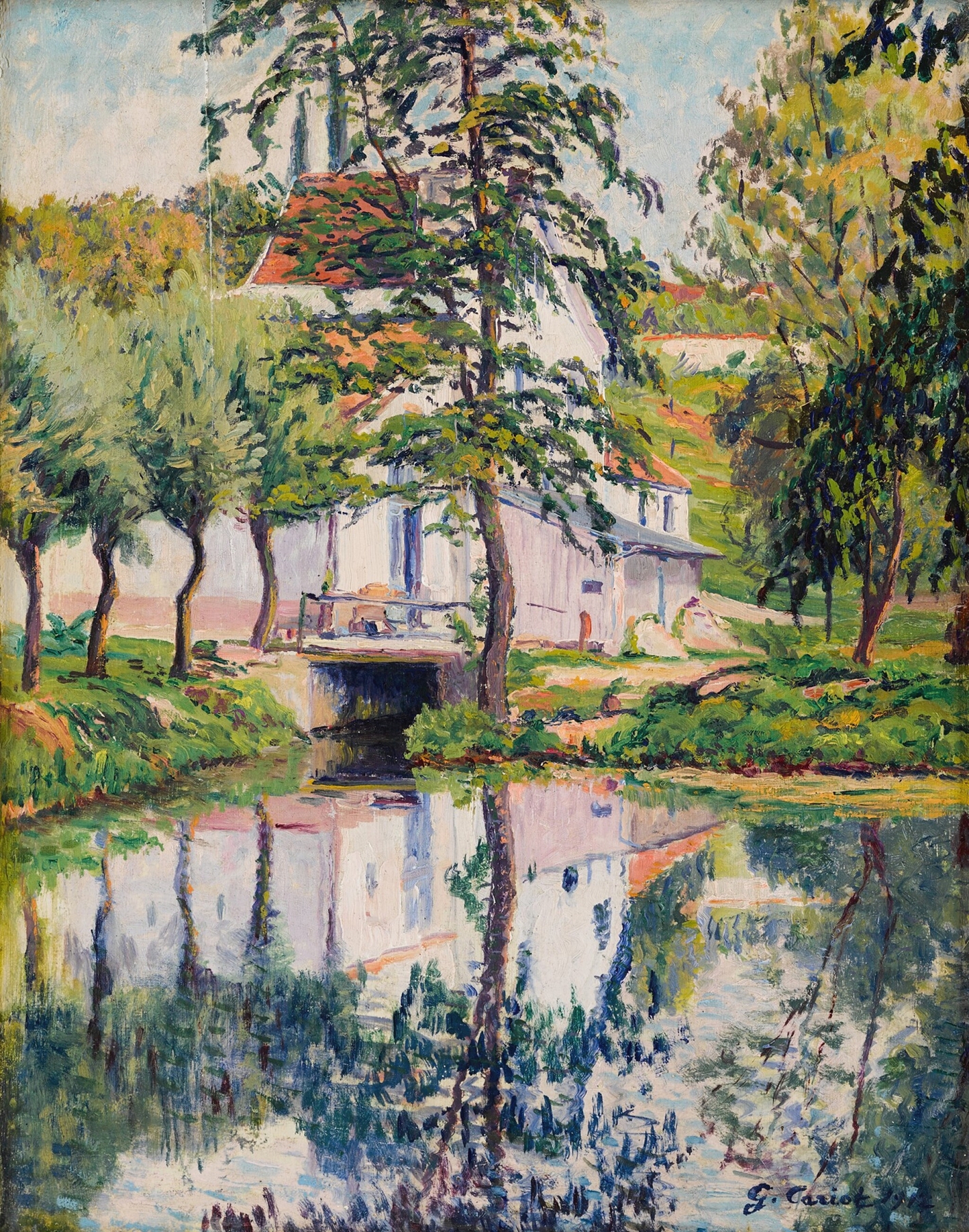 Moulin de Périgny by Gustave Cariot, oil on canvas depicting a landscape with a windmill and river.
