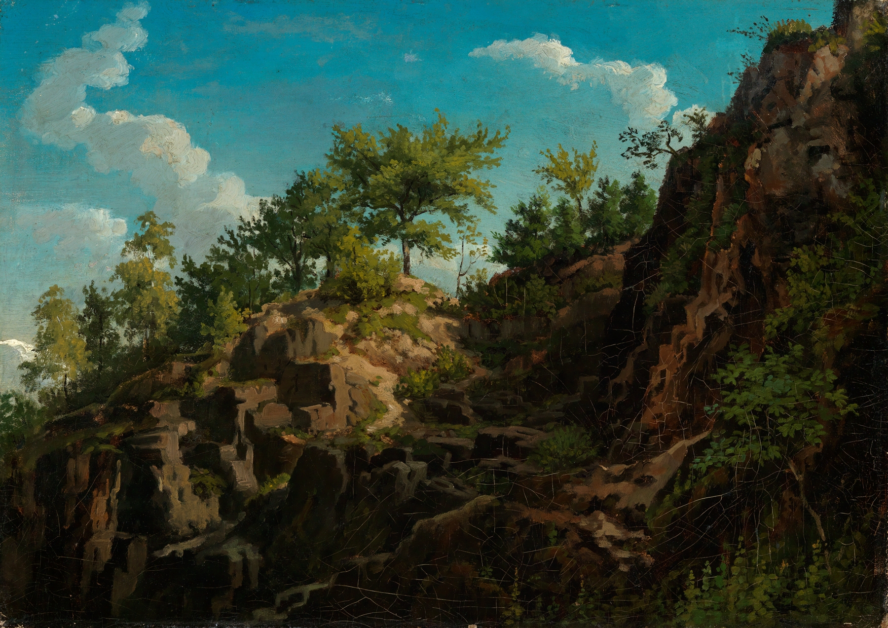 Felspartie mit Bäumen by Emil Lugo, oil on canvas depicting trees and a path under a blue sky