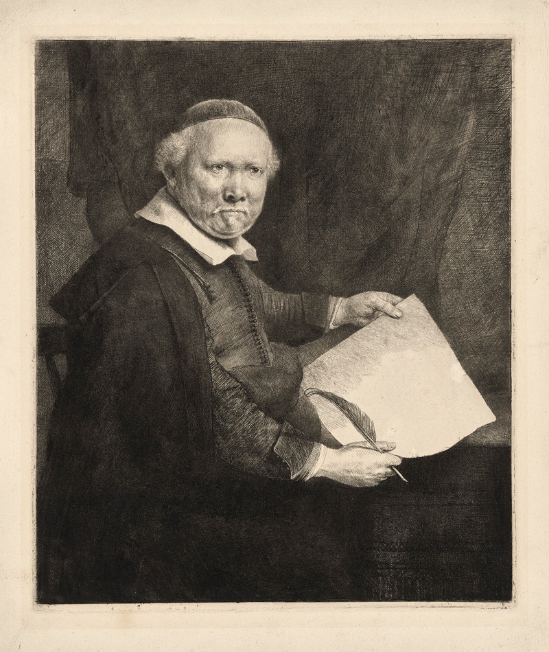 A portrait of Lieven Willemsz. van Coppenol, a writing master by Rembrandt.