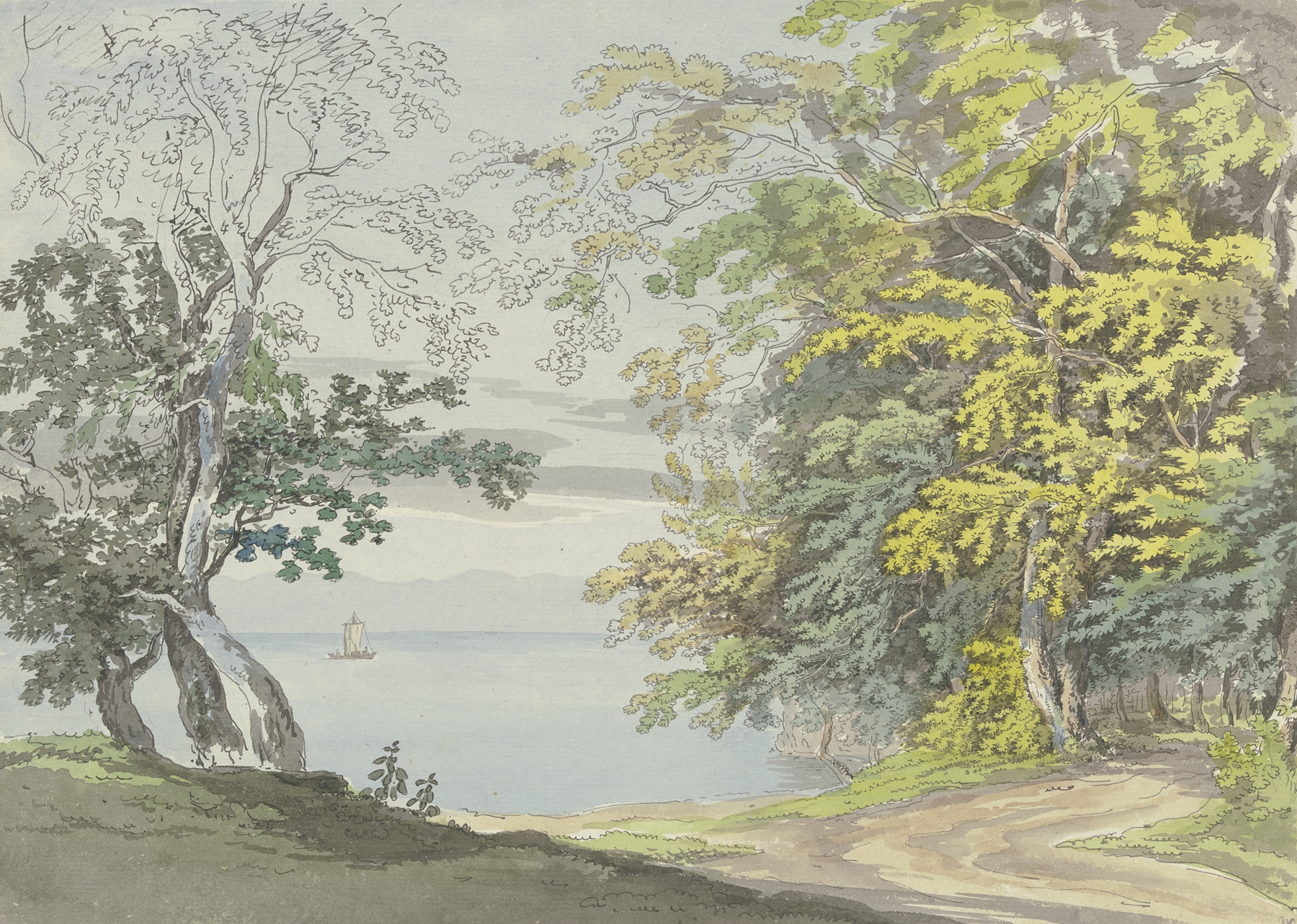 Oil painting by Max Joseph Wagenbauer depicting a serene lake and horizon.