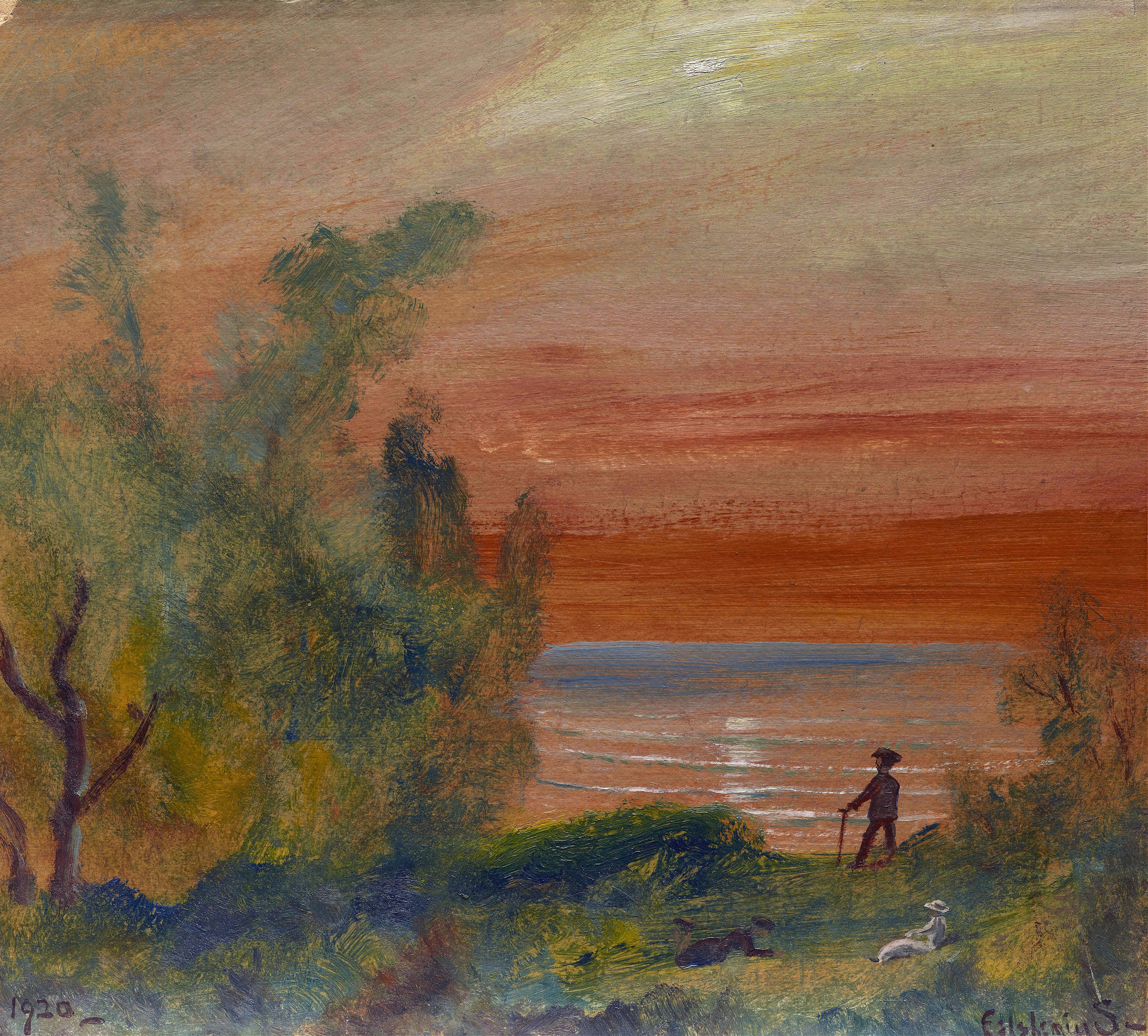Sunset with Man Standing on Shore by Louis Michel Eilshemius, oil painting depicting a solitary figure at the shore.