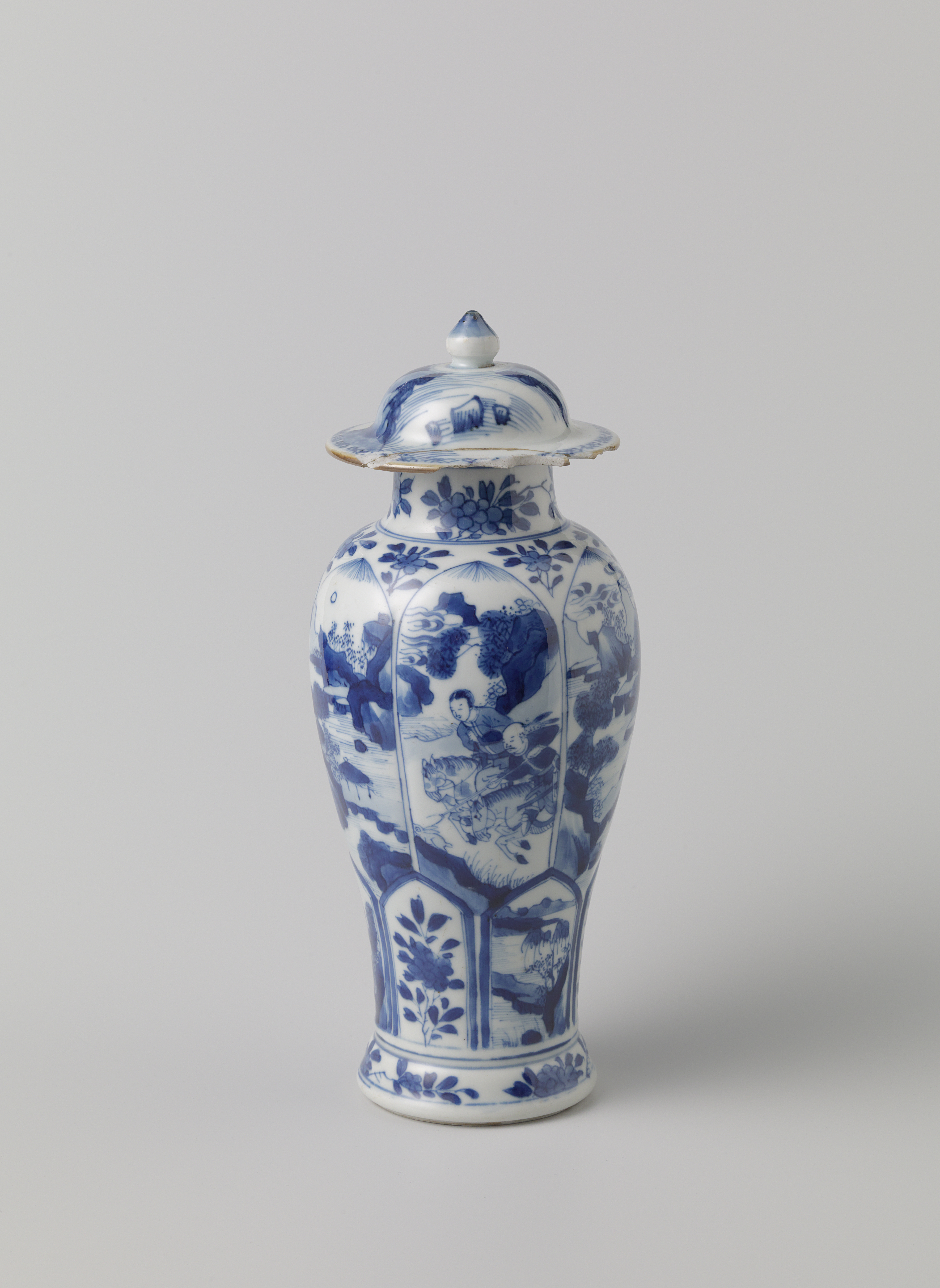 Baluster covered jar with horsemen in landscapes, porcelain, unknown artist