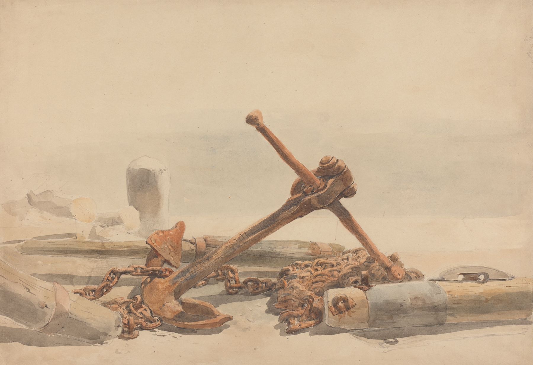 Spar and Anchor by Edward Angelo Goodall, figurative oil painting depicting light and shadow.