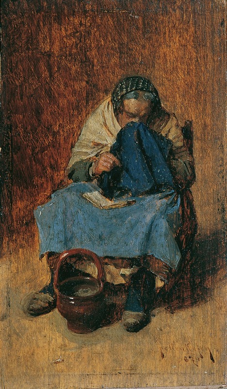 A woman in traditional Venetian attire is depicted in a moment of personal care.