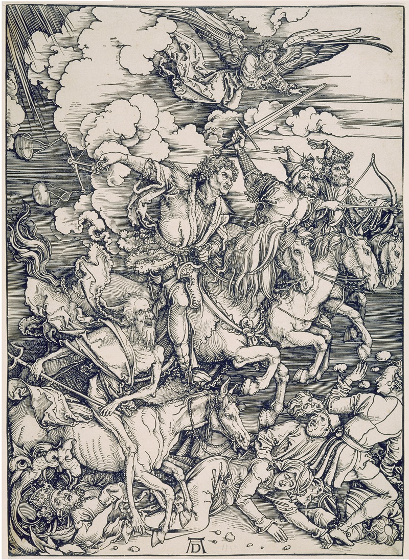 Albrecht Dürer's 'The Four Horsemen of the Apocalypse' depicts a dramatic scene of chaos and destruction.