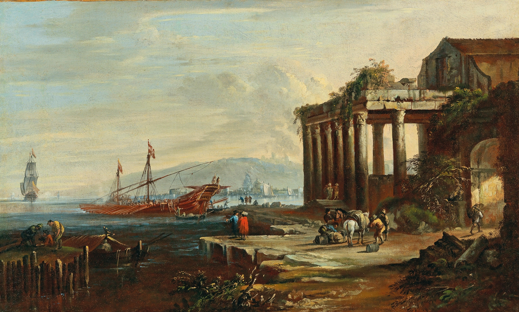 A Mediterranean harbor scene with ruins and figures, oil painting by Johann Anton Eismann.