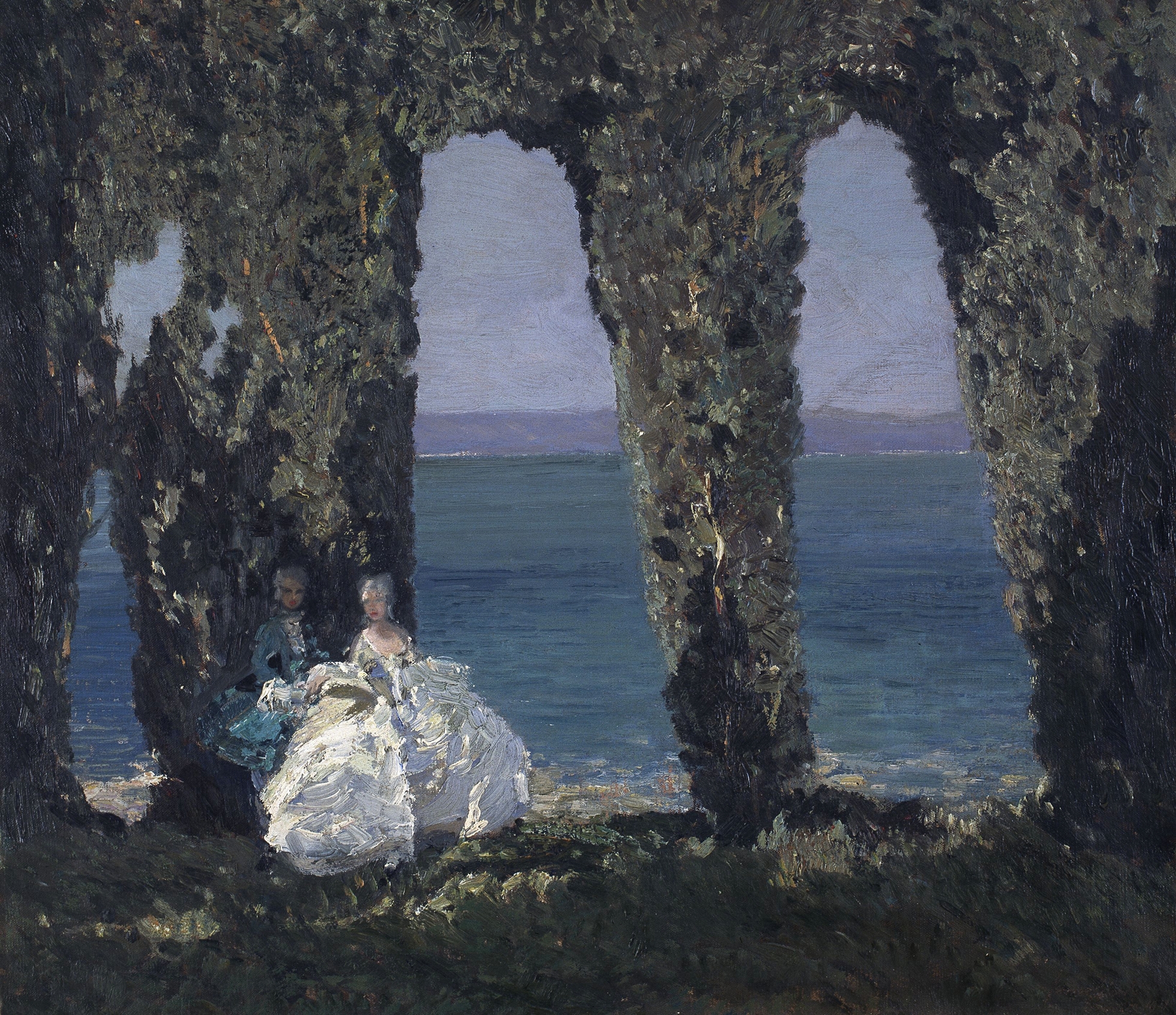 Lake Garda by Emma Ciardi, impressionism, depicting a serene lake and mountains