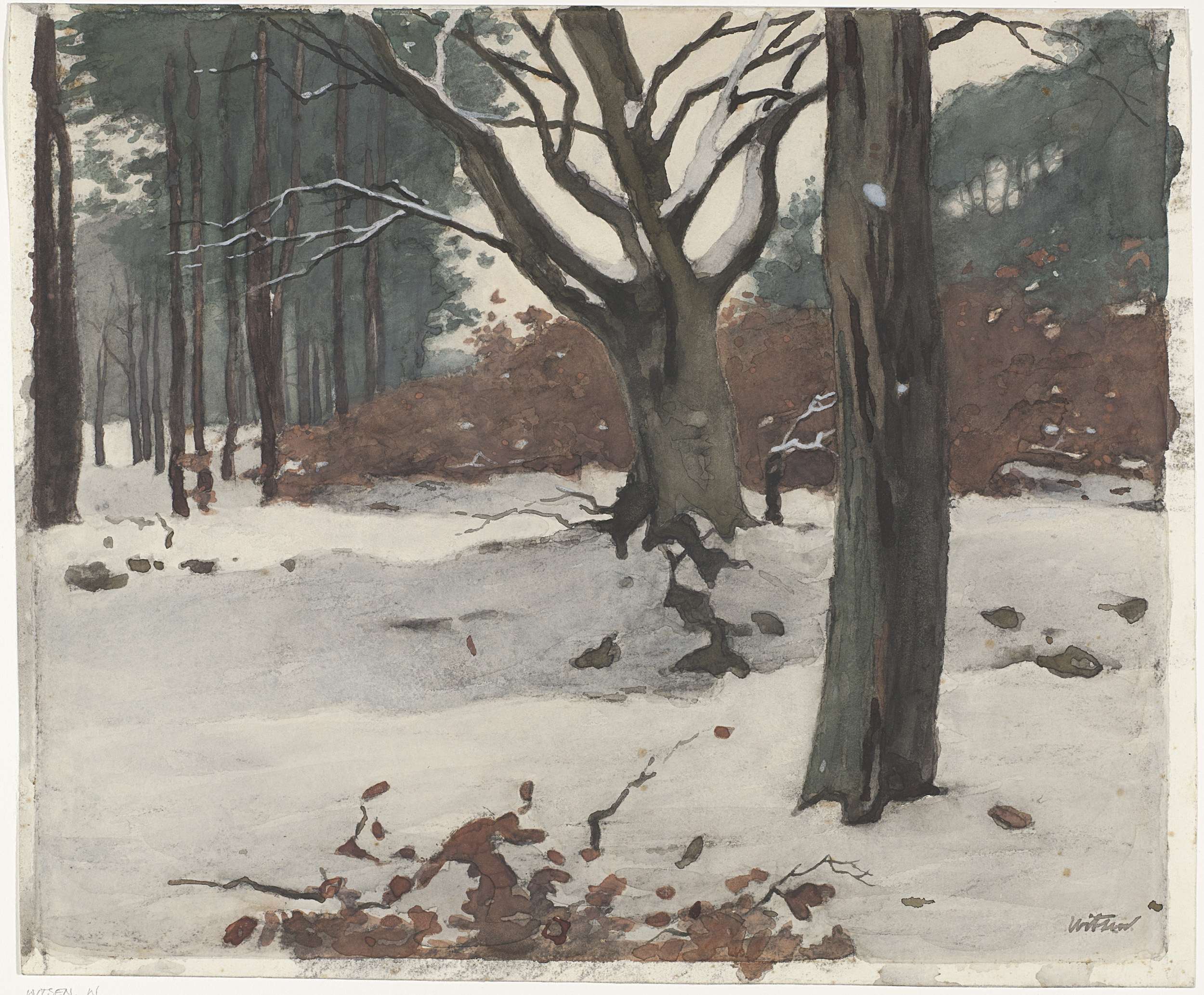 Winter landscape with snow-covered trees by Willem Witsen, oil painting