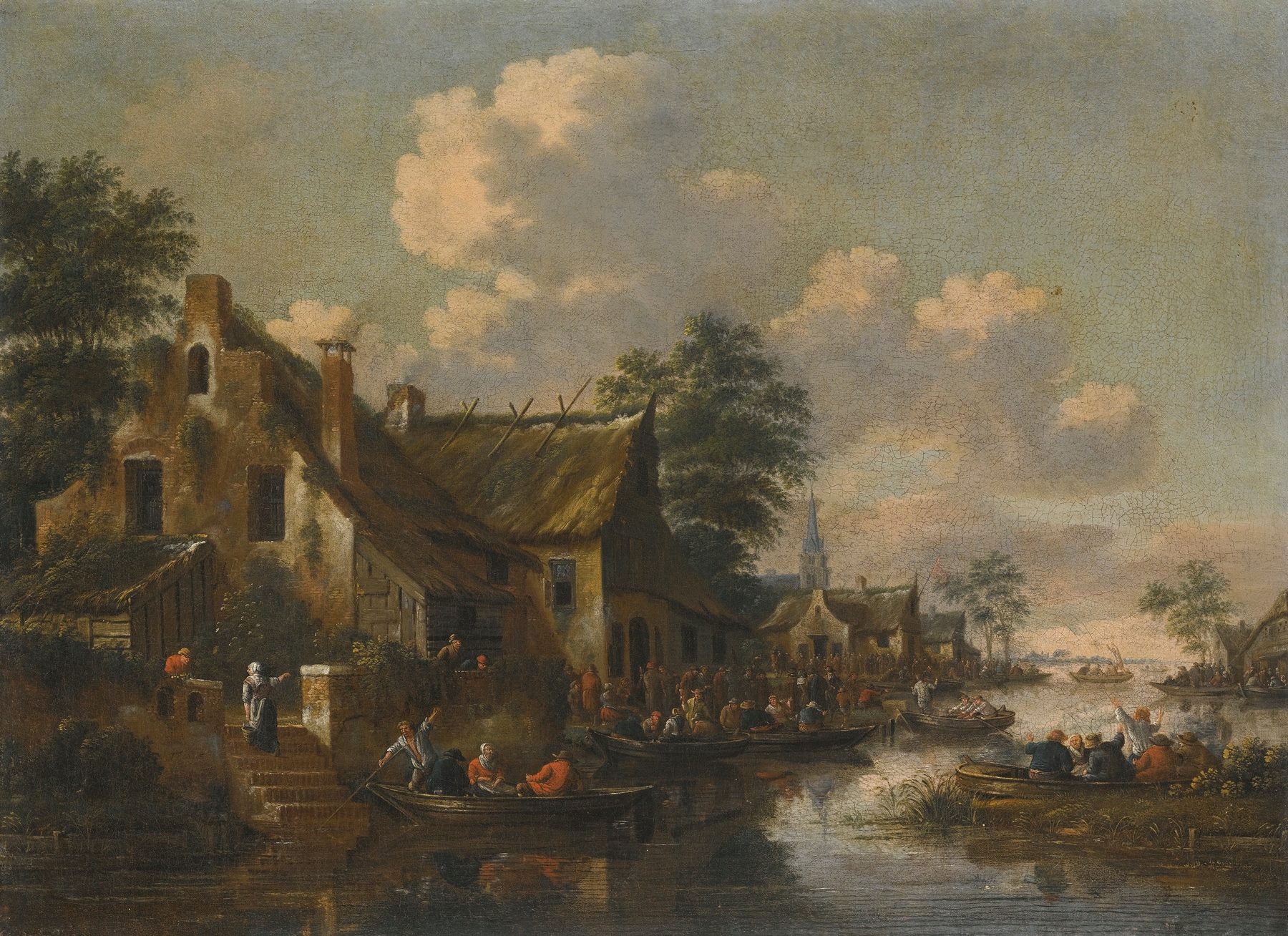 Oil painting by Thomas Heeremans depicting a town by a river.