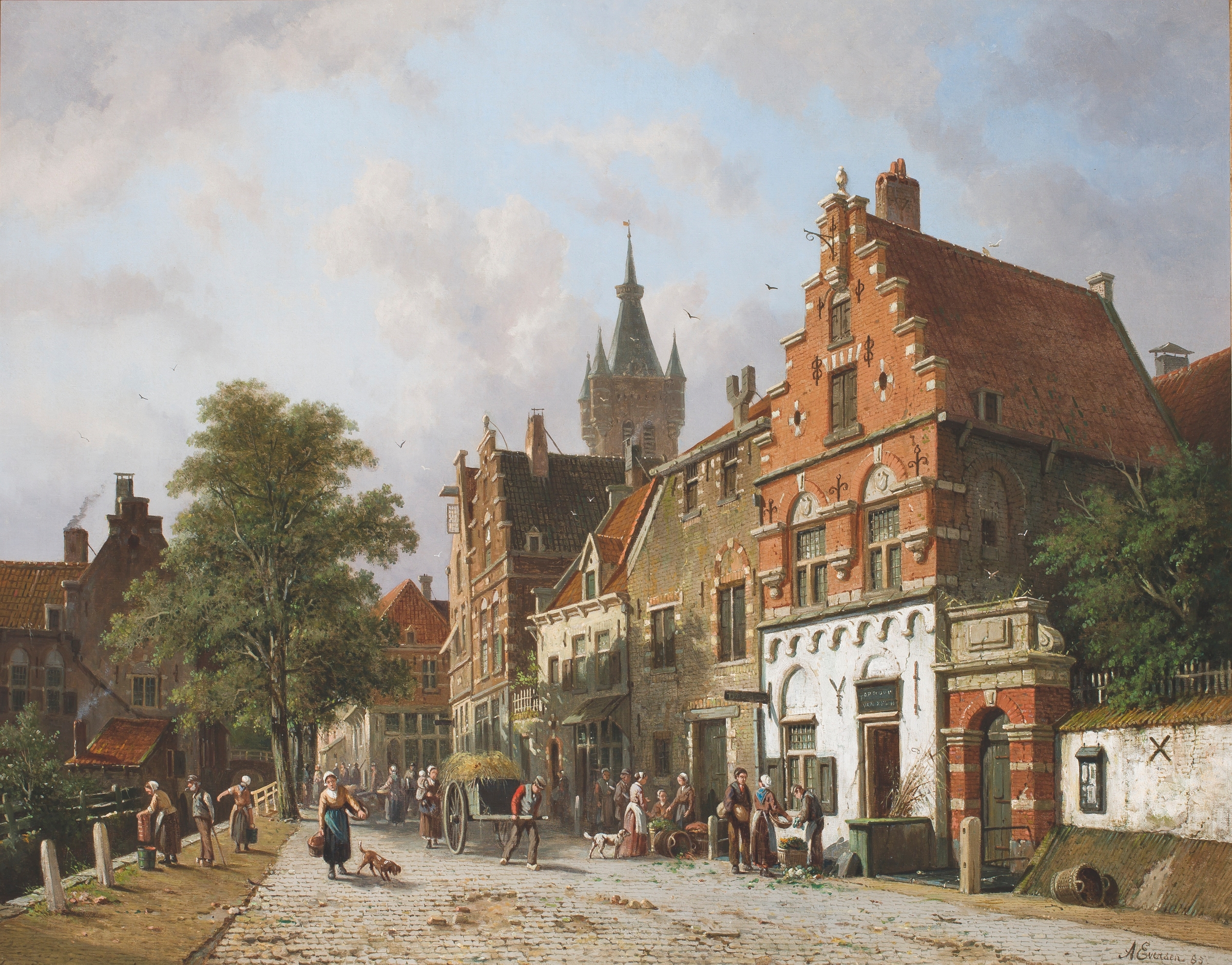 Landscape depicting Delft with the Prinsenhof, oil painting by Adrianus Eversen