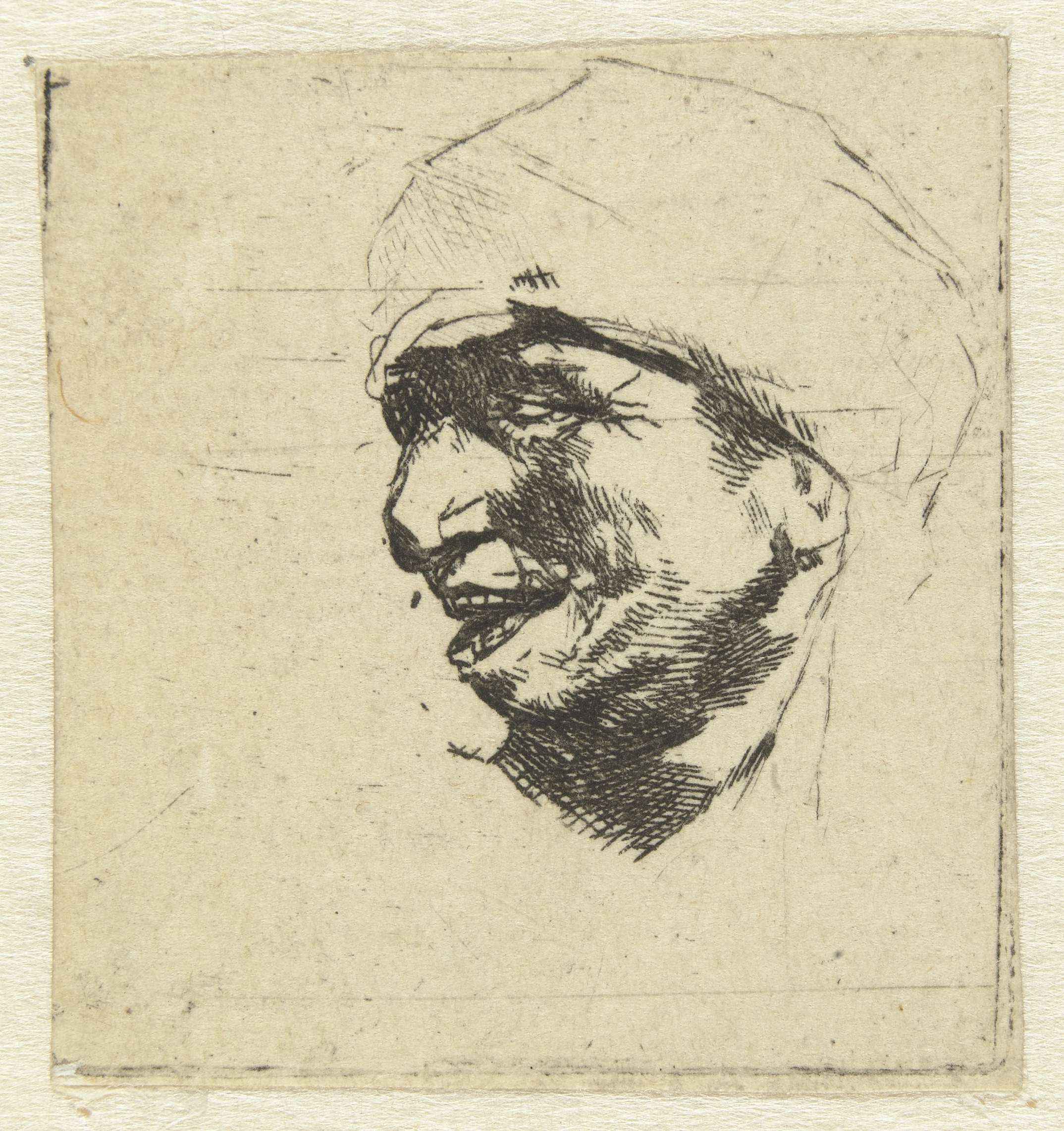 Profile of a smiling farmer in etching by Cornelis Pietersz. Bega