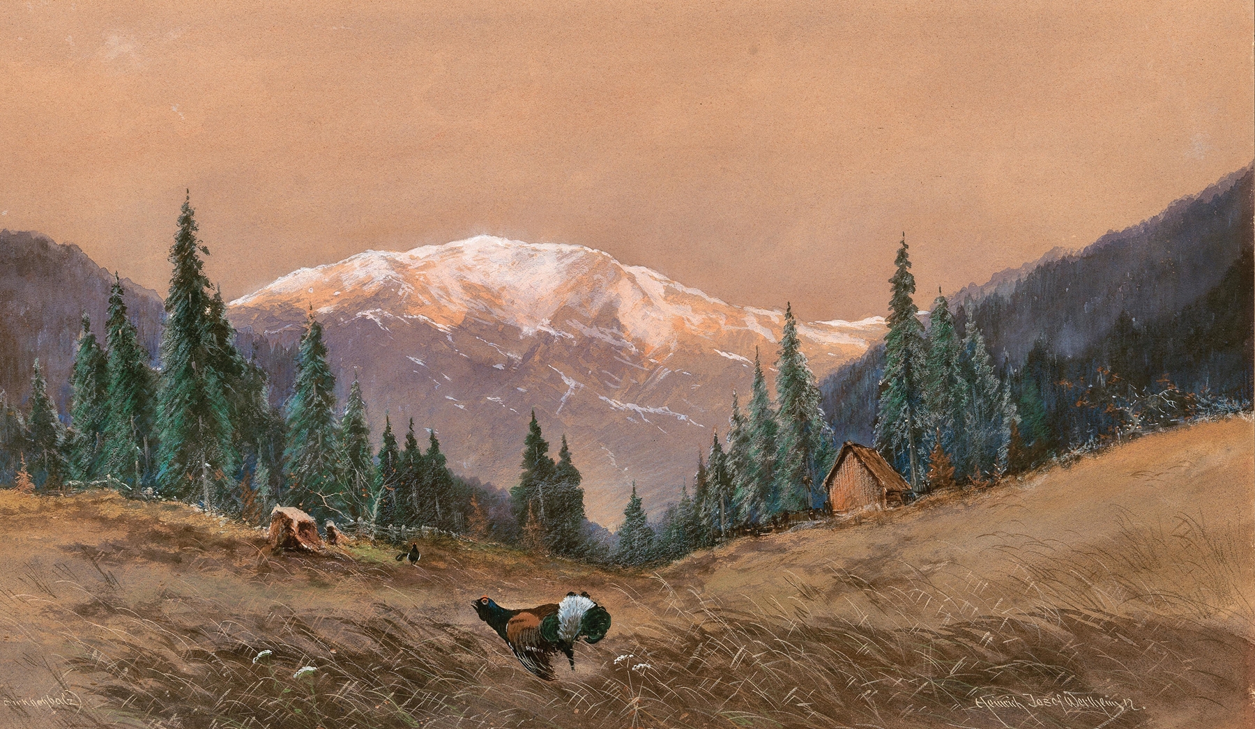 Capercaillie in a forest at sunset, oil painting by Heinrich Josef Wertheim