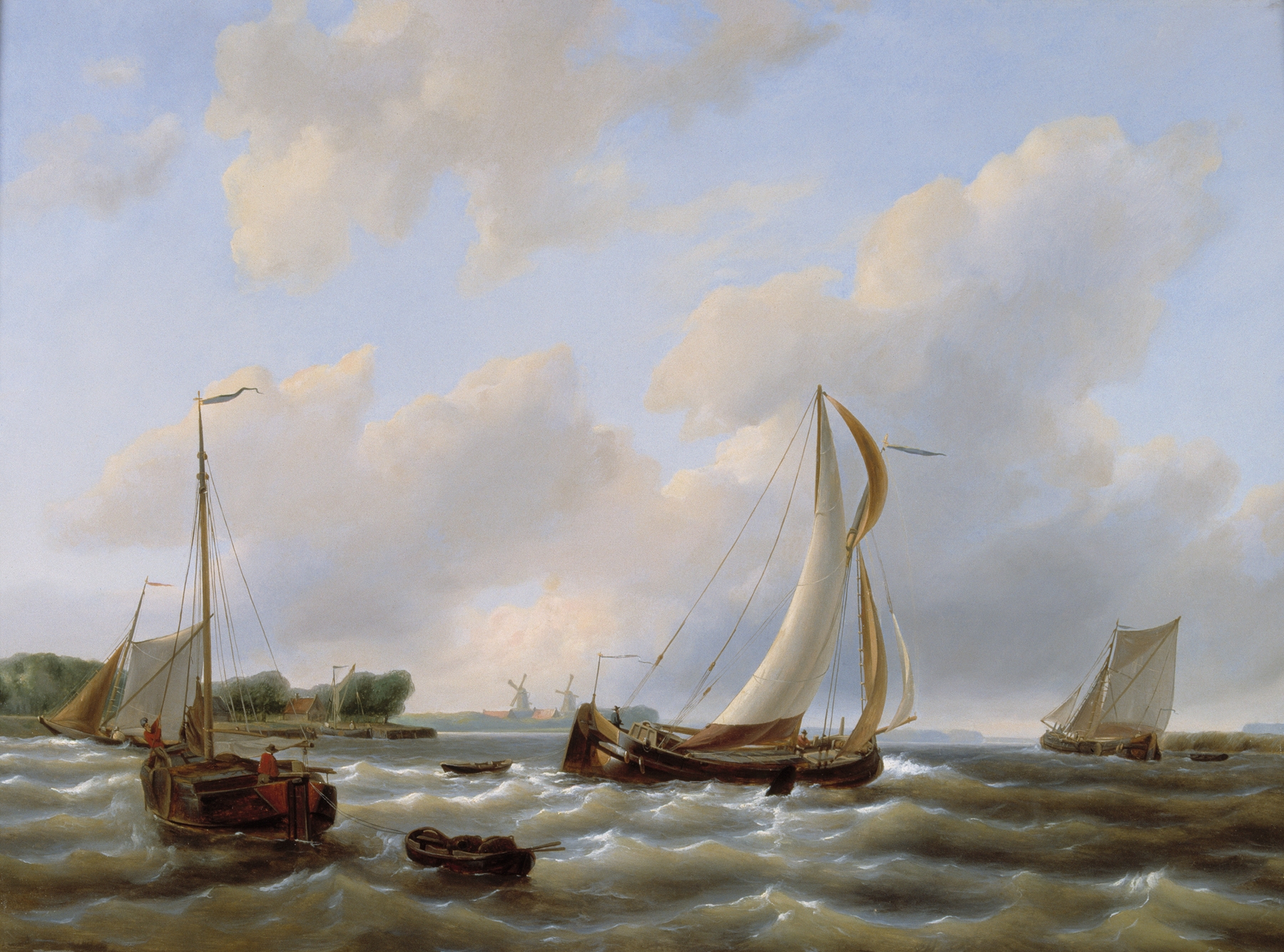 Marine scene with fishing boats and inland ships, oil on canvas by Petrus Johannes Schotel