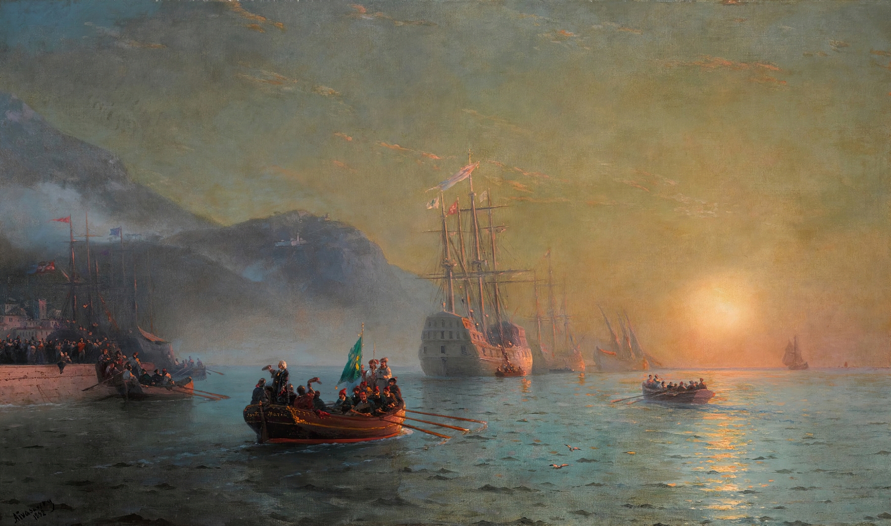 Columbus stands on a ship against a sunset sky, oil on canvas by Ivan Konstantinovich Aivazovsky