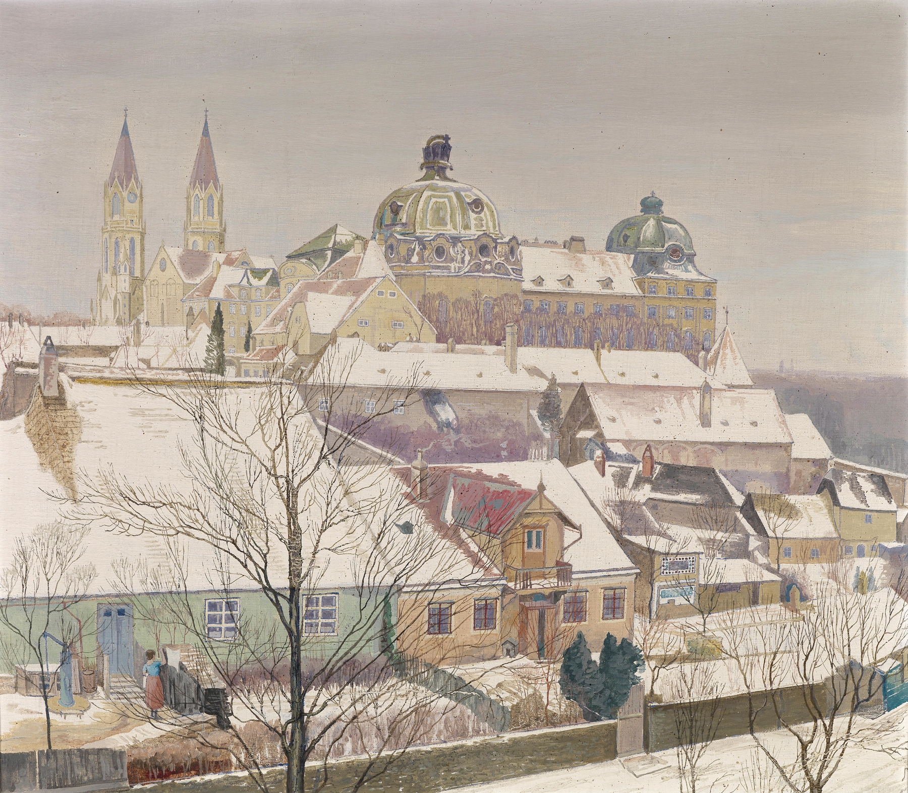 Klosterneuburg im Winter by Max Kahrer, oil on canvas depicting a monastery in a snowy landscape