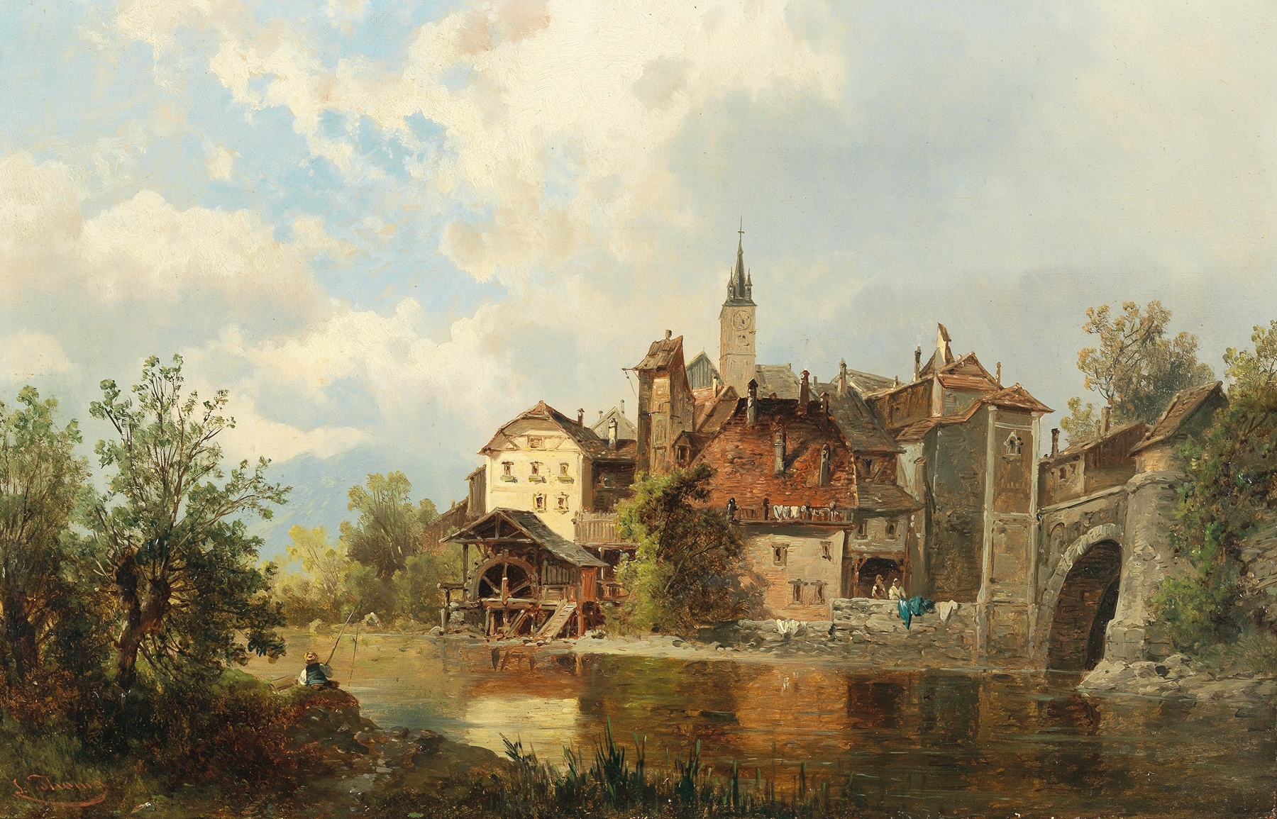 Watermill on a Riverbank by a Town, by Josef Thoma, public domain