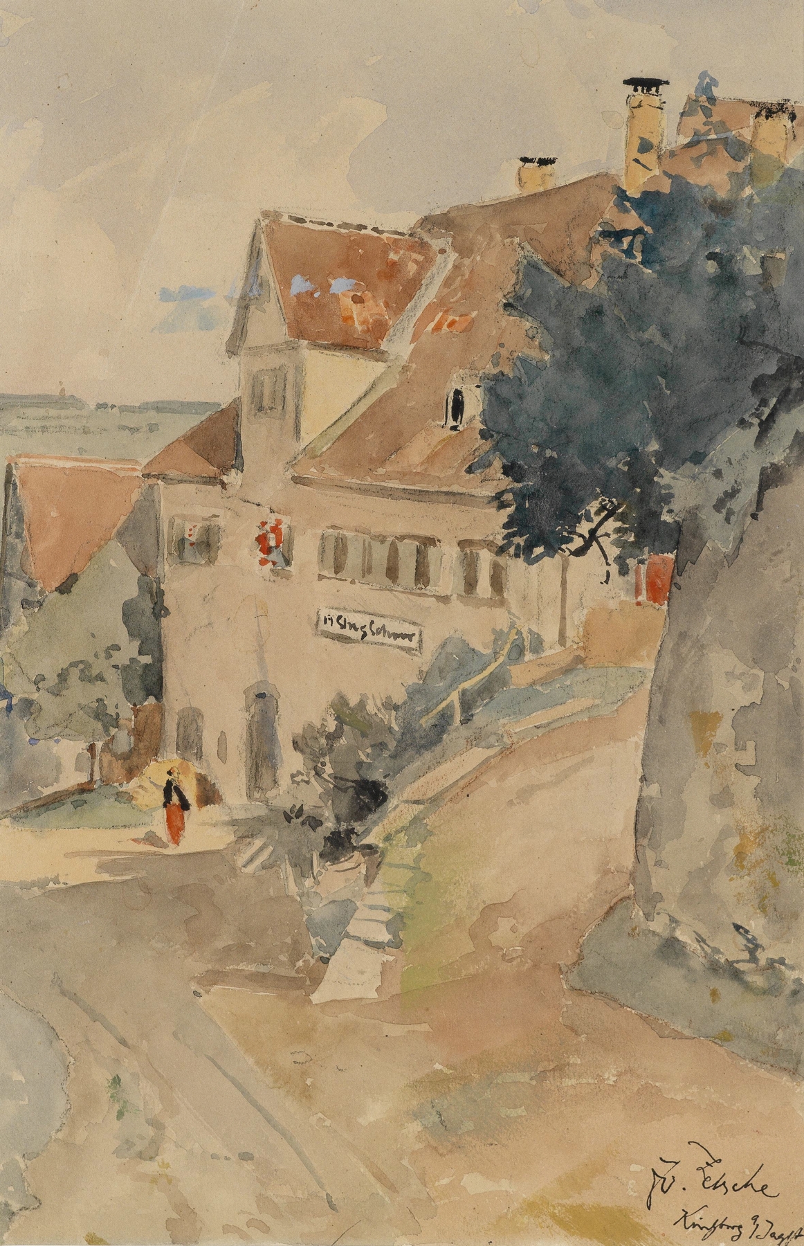 Landscape of Kirchberg an der Jagst by Eduard Zetsche, oil on canvas, featuring sunlight and greenery.