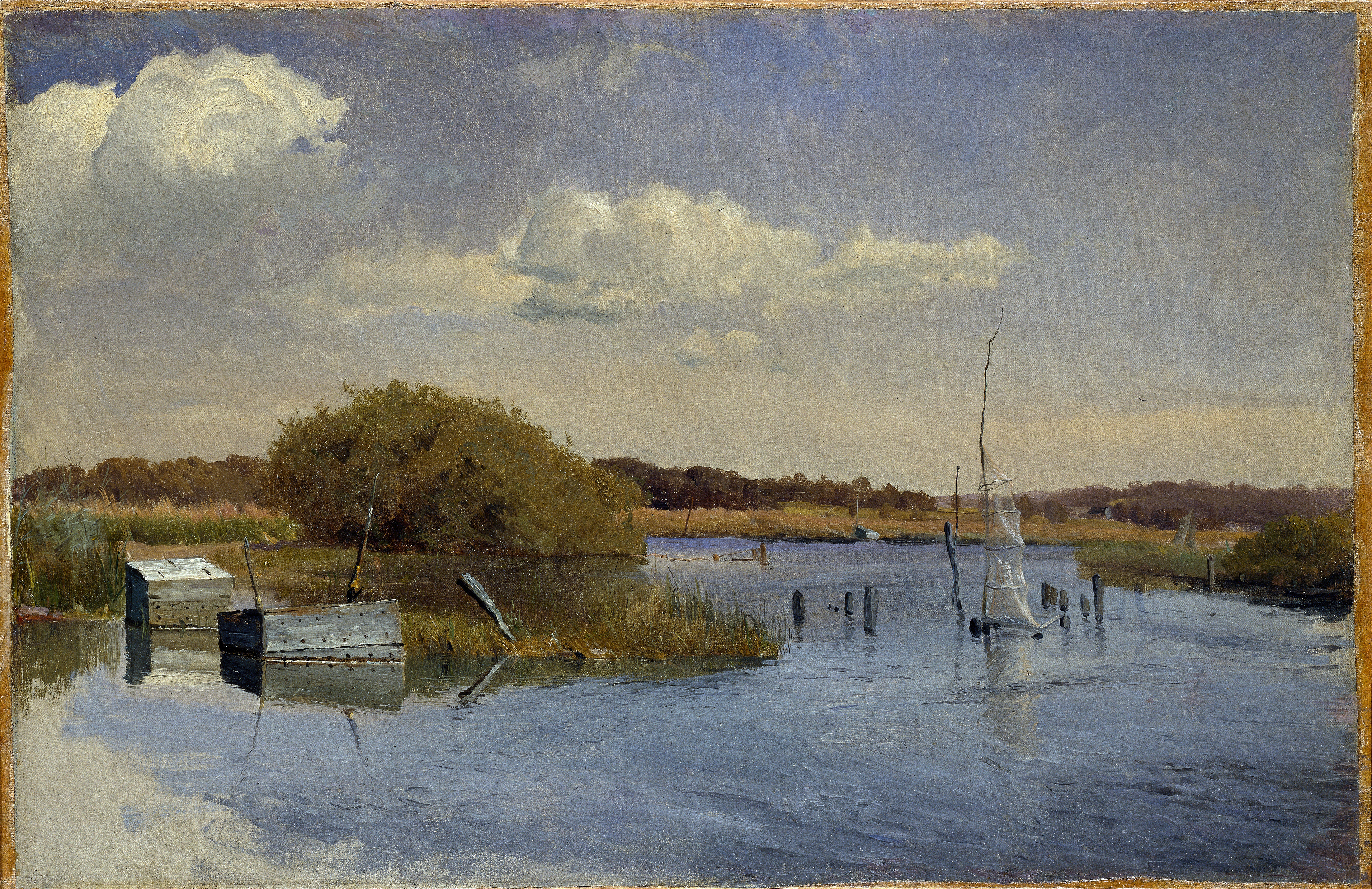 The Shore at Ringsjön II by Gustaf Rydberg, oil painting of a serene lake at dusk.