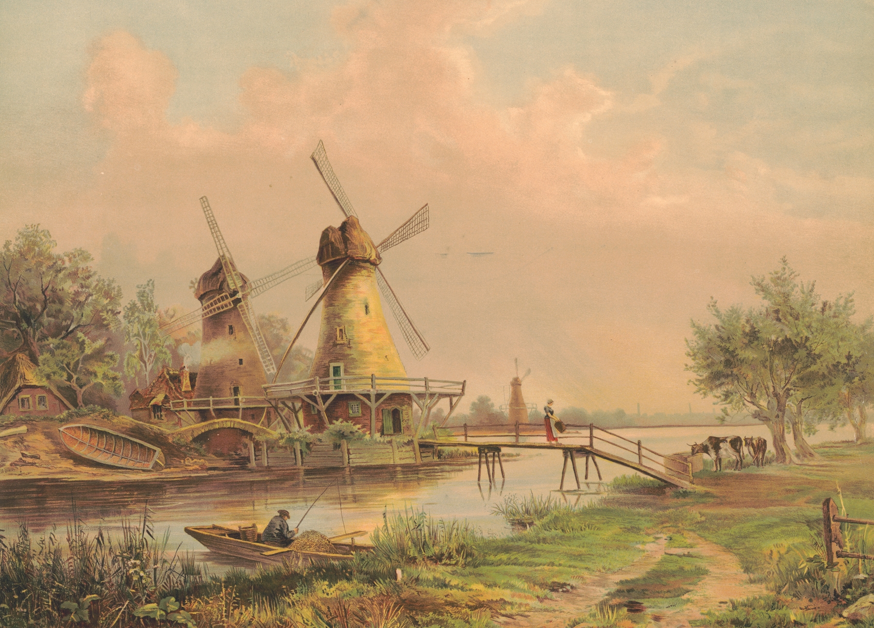 Summer in Holland by Joseph Hoover, impressionism, depicting sunflowers and green grass under a blue sky