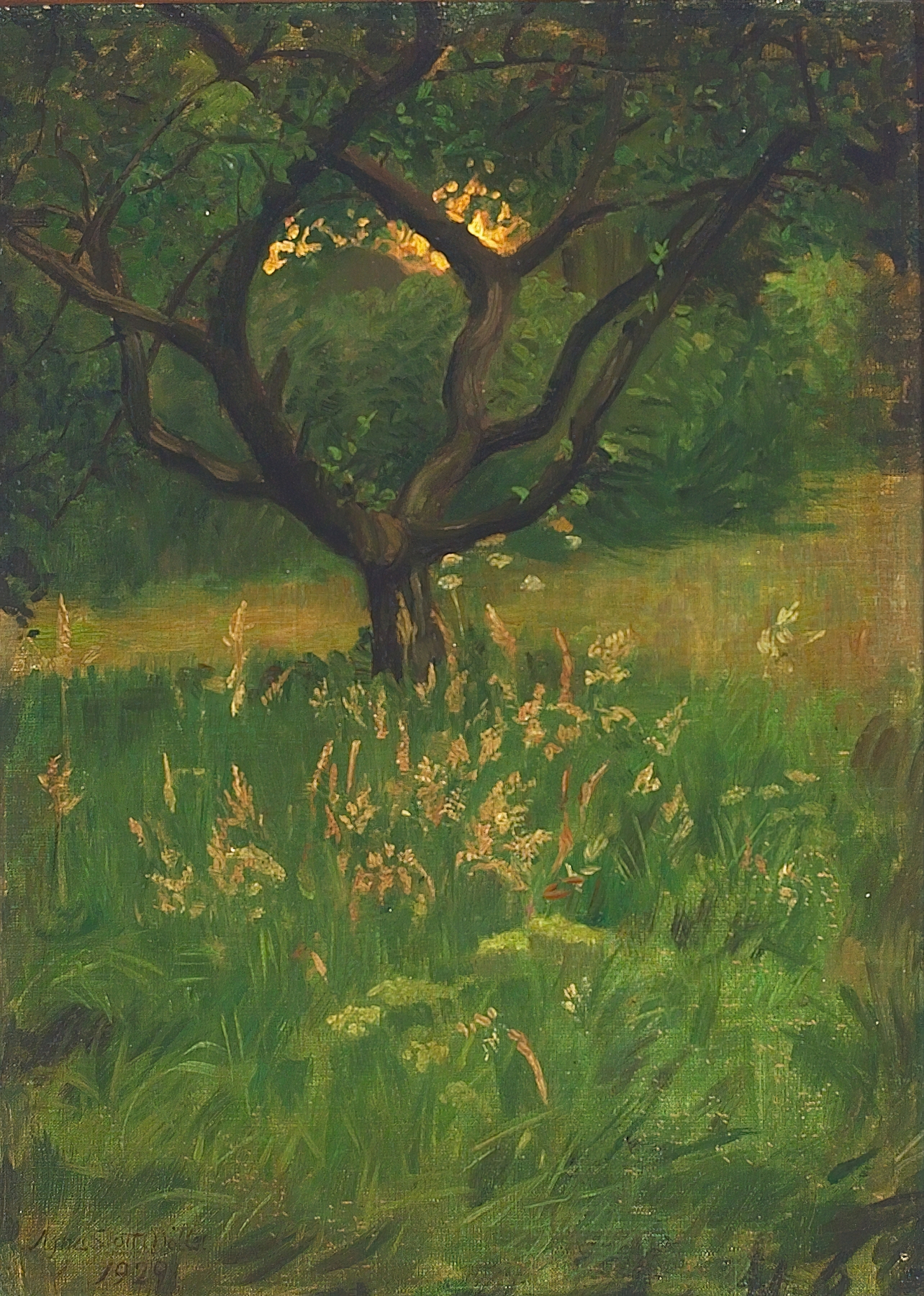 View of a garden by Agnes Slott-Møller, oil on canvas featuring a woman among flowers.