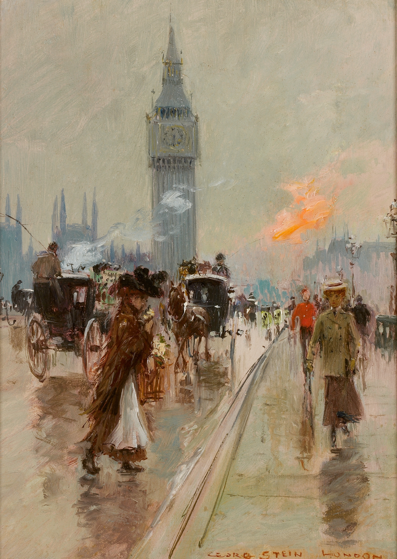 Zicht op Westminster by Georges Stein, oil painting depicting Westminster's architecture against a dramatic sky.