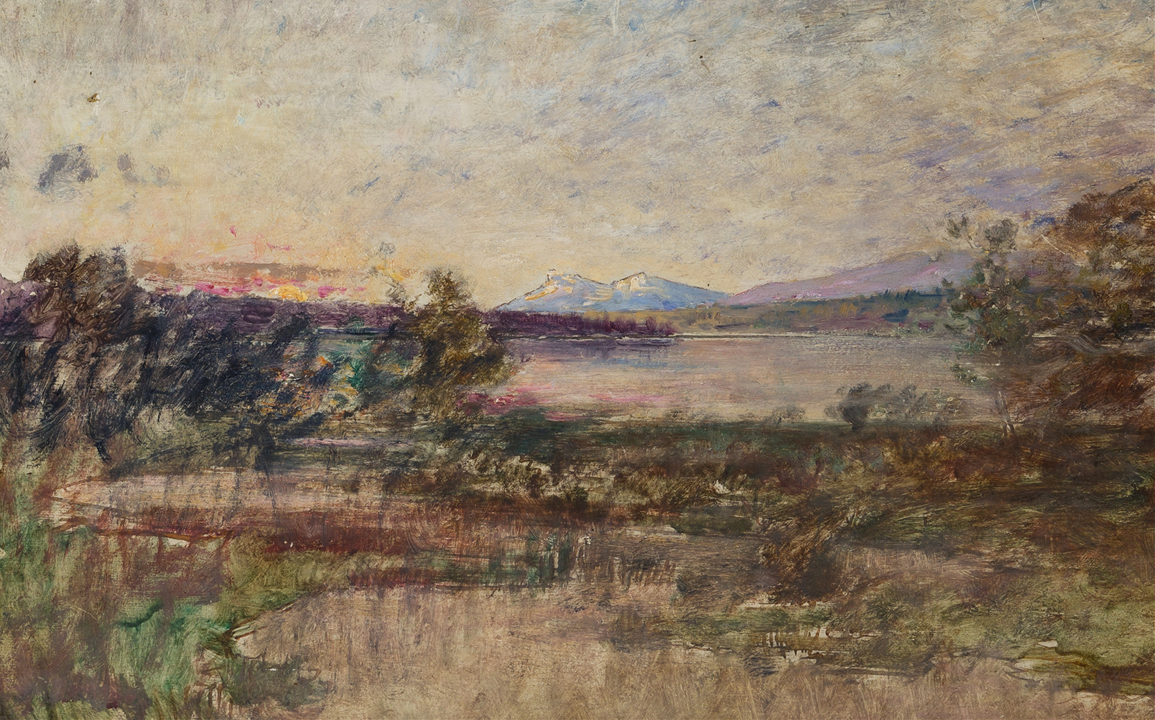 Landscape by Alfred Wahlberg, oil on canvas featuring horizon and gentle color gradients.