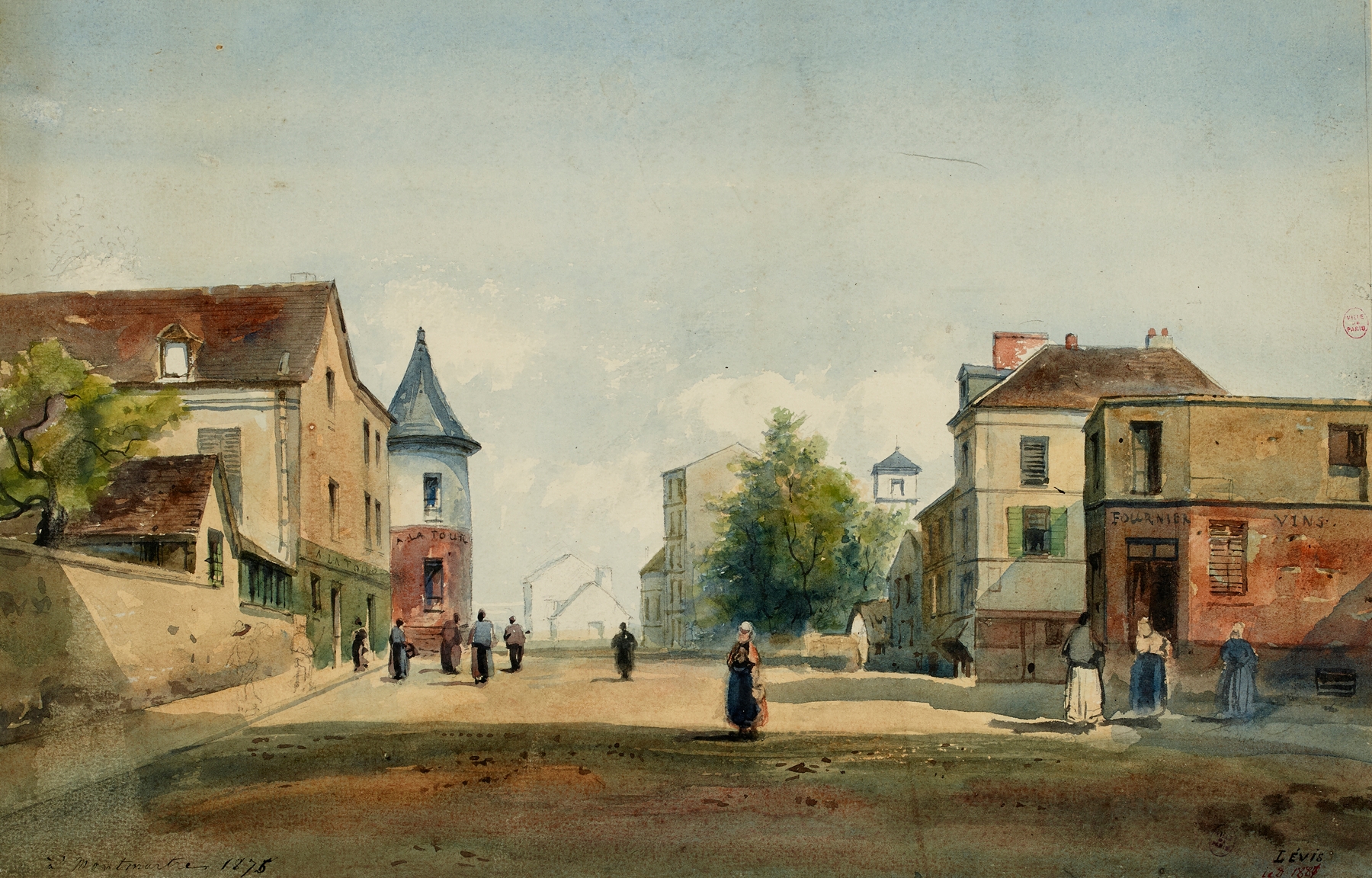 Genre scene depicting urban life in Paris by Henri Jean Baptiste Levis, medium unknown.