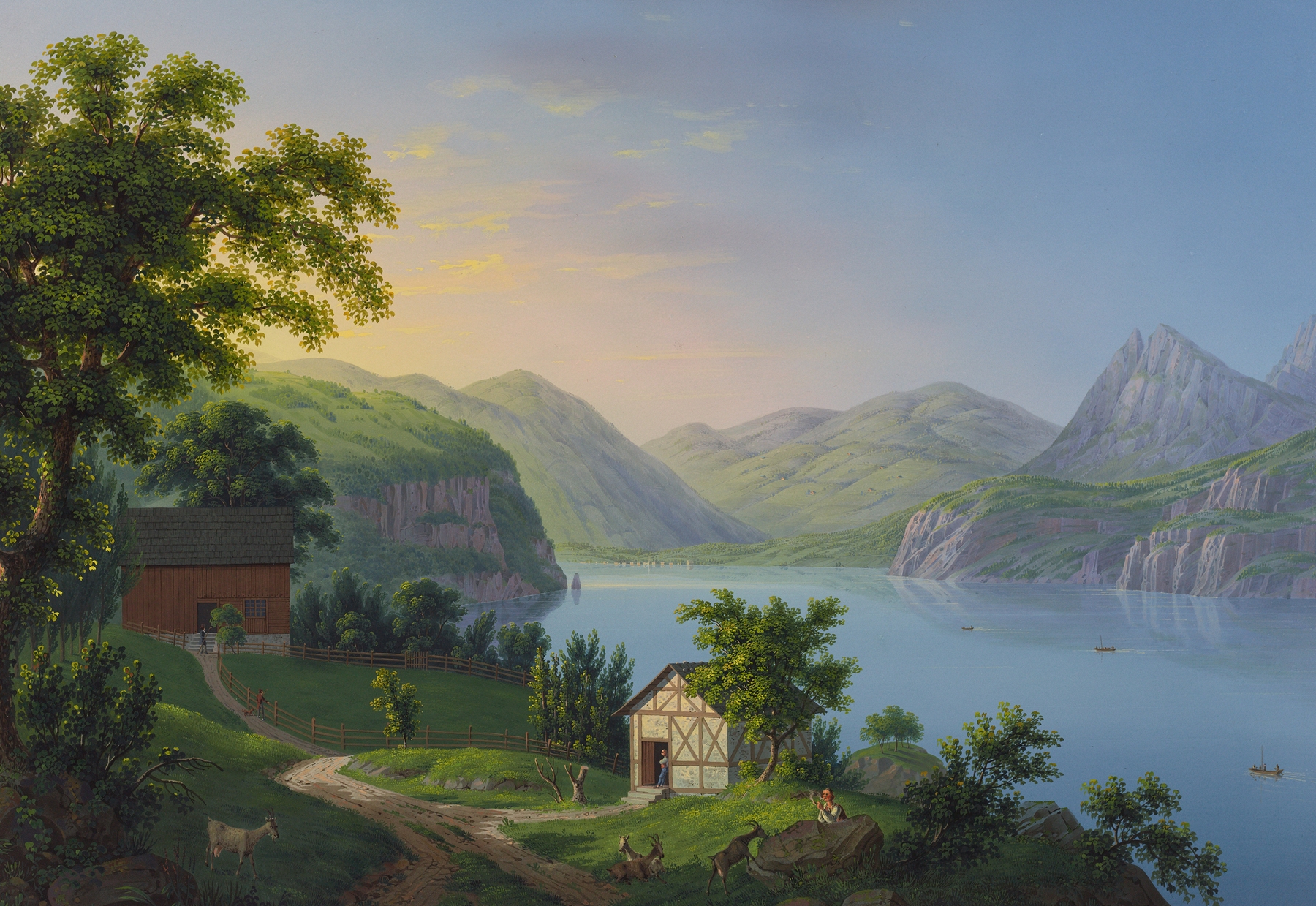 Landscape with figures surrounded by lush greenery, oil painting by Johann Heinrich Bleuler the Younger