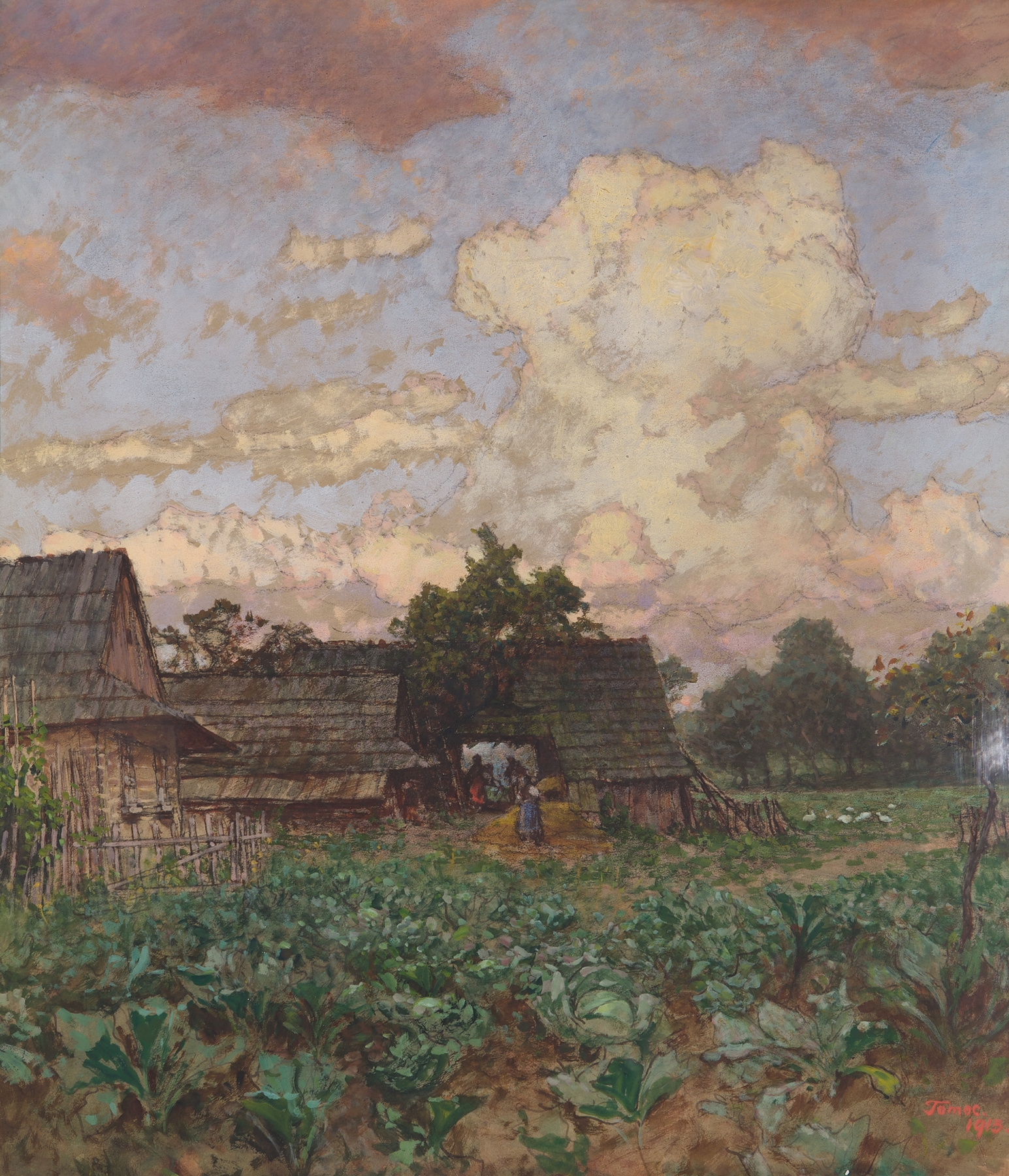 Bauernhof in Schlesien by Jindřich Tomec, Post-Impressionism, depicting a rural landscape with fields and a bright sky.