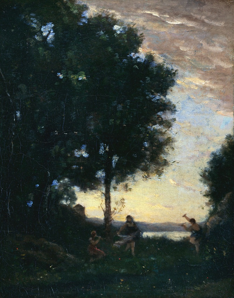 A painting depicting fauns and nymphs dancing in a lush landscape.