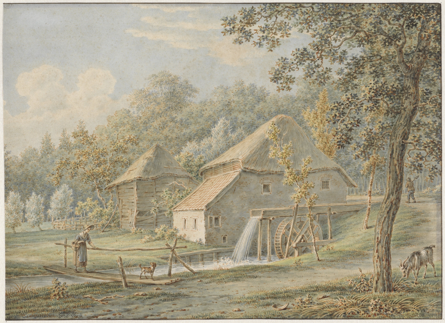 Landschap met watermolen by Pieter de Goeje, oil on canvas, depicting a river and watermill under a soft sky.