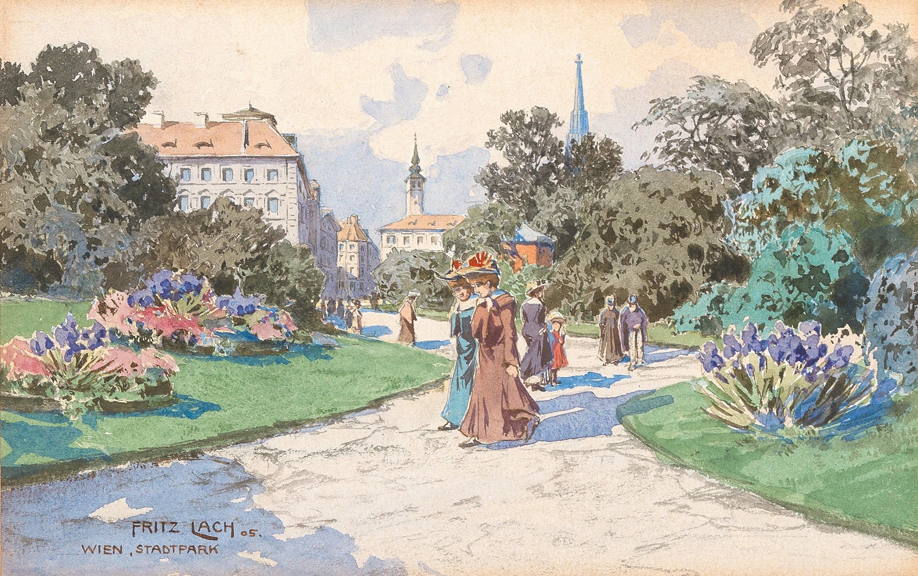 A walk in Vienna’s Stadtpark, oil on canvas by Fritz Lach, depicting a serene park scene.