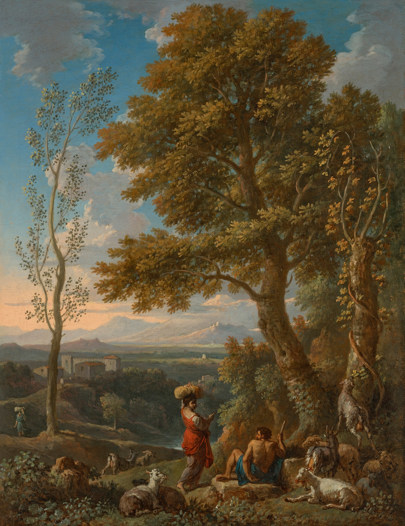 A classical Italianate landscape with a goatherd and his flock, mountains beyond, by Jan Frans Van Bloemen, public domain