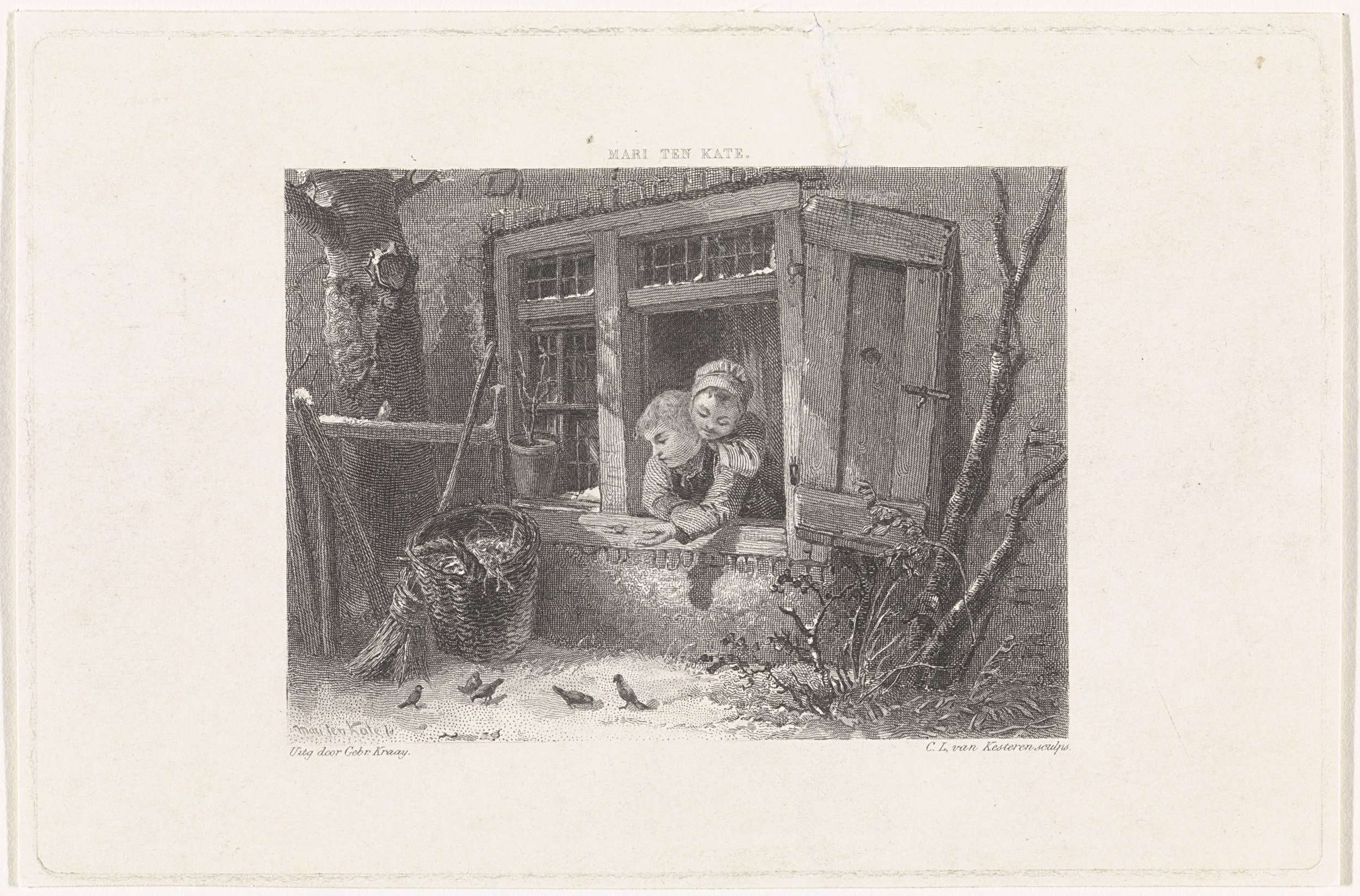 Engraving by Christiaan Lodewijk van Kesteren depicting birds outside a snowy window