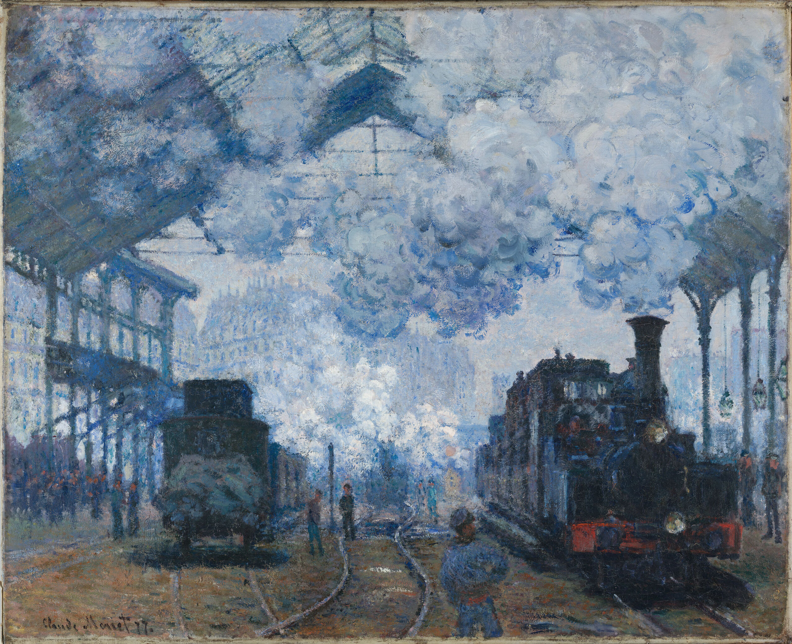 The Gare Saint-Lazare: Arrival of a Train by Claude Monet, oil on canvas, depicting a train station scene.