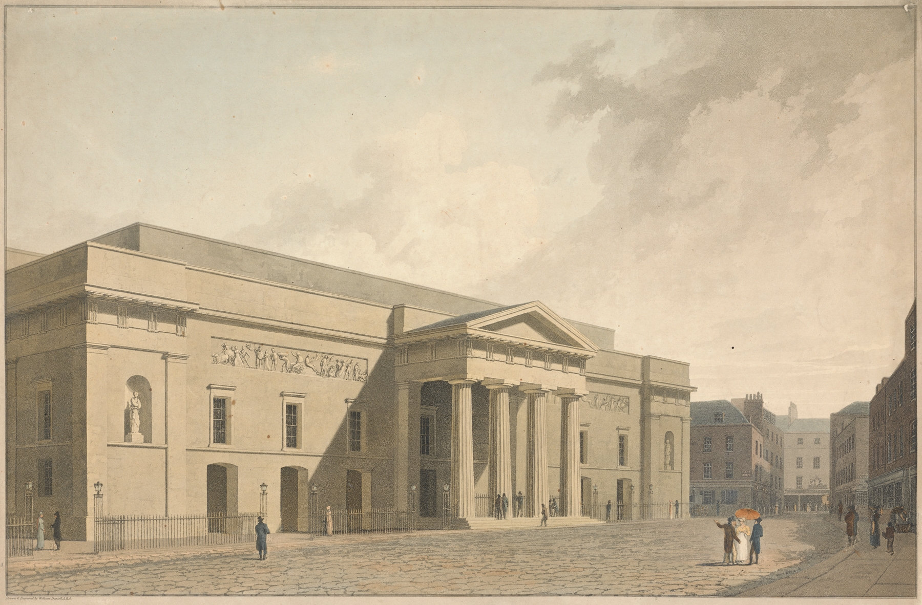 Engraving by William Daniell depicting the New Theatre Royal Covent Garden at sunset