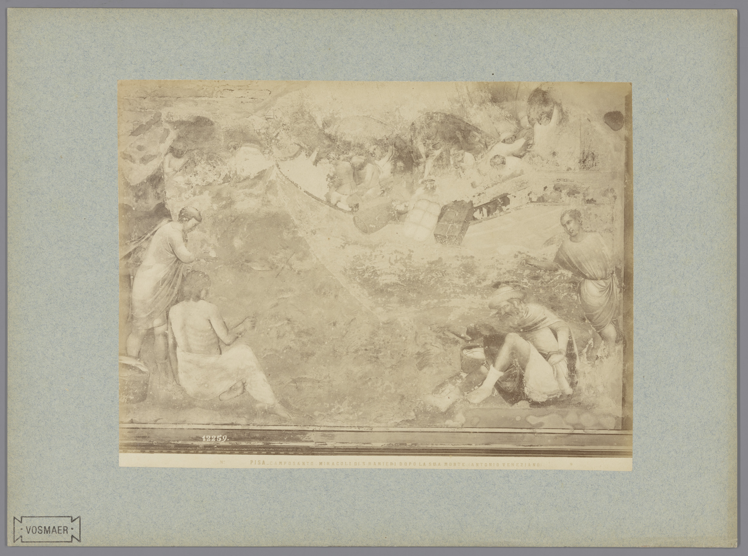 Fotoreproductie van het fresco De wonderen van S. Ranieri na zijn dood naar Antonio Veneziano in het Camposanto te Pisa, Italië, by Fratelli Alinari, public domain