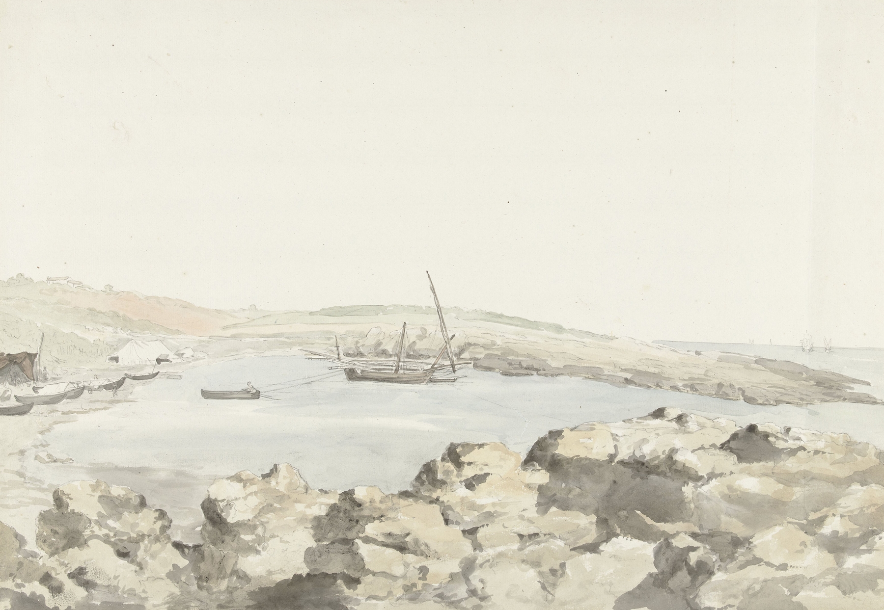 Marine scene with fishing boats and sunlight by Abraham-Louis-Rodolphe Ducros