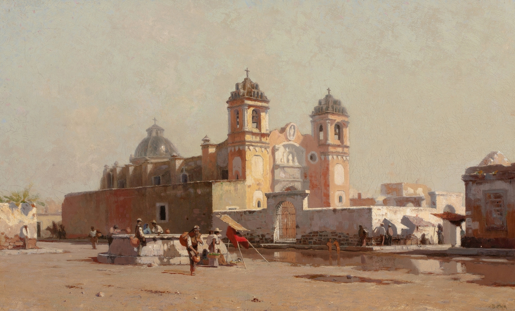 Church of Santa Anna in Mexico by Howard Russell Butler, oil painting depicting a church at sunset.