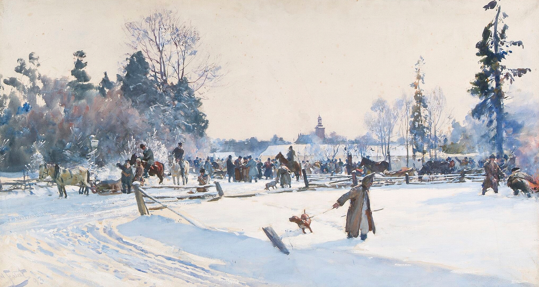 Landscape depicting a serene moment before a hunt, oil painting by Julian Falat