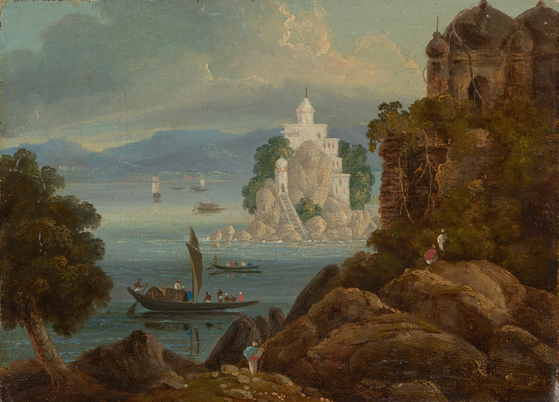 Landscape of the Ganges with a rock, oil painting by Sir Charles D'Oyly