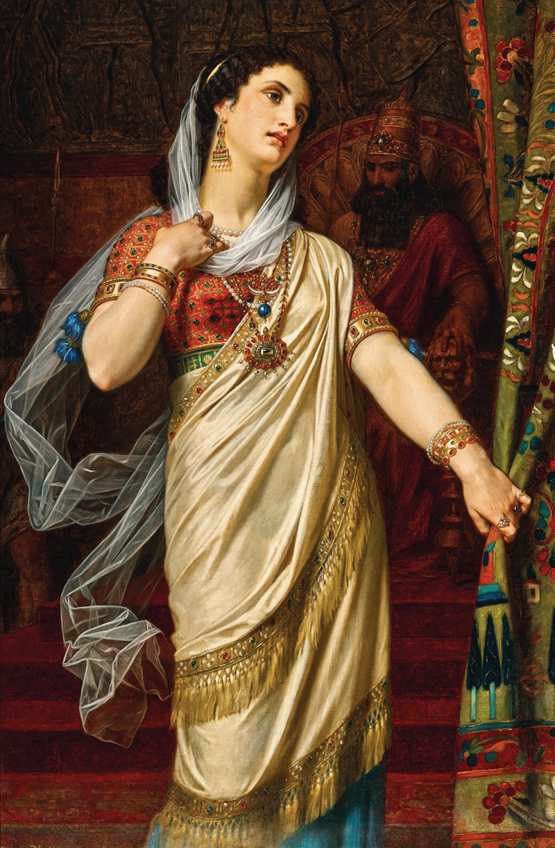 Hugues Merle's painting depicts Esther before Ahasuerus, showcasing a dramatic moment in a historical narrative.