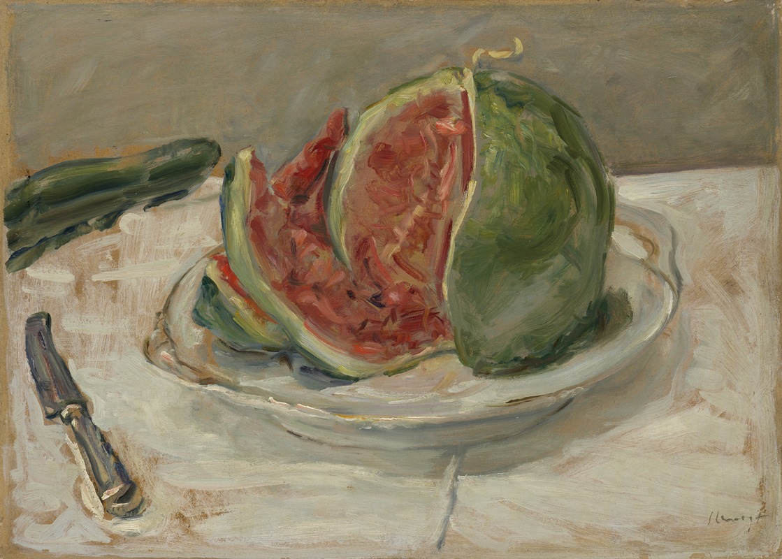 A vibrant still life painting featuring a watermelon and other fruits.