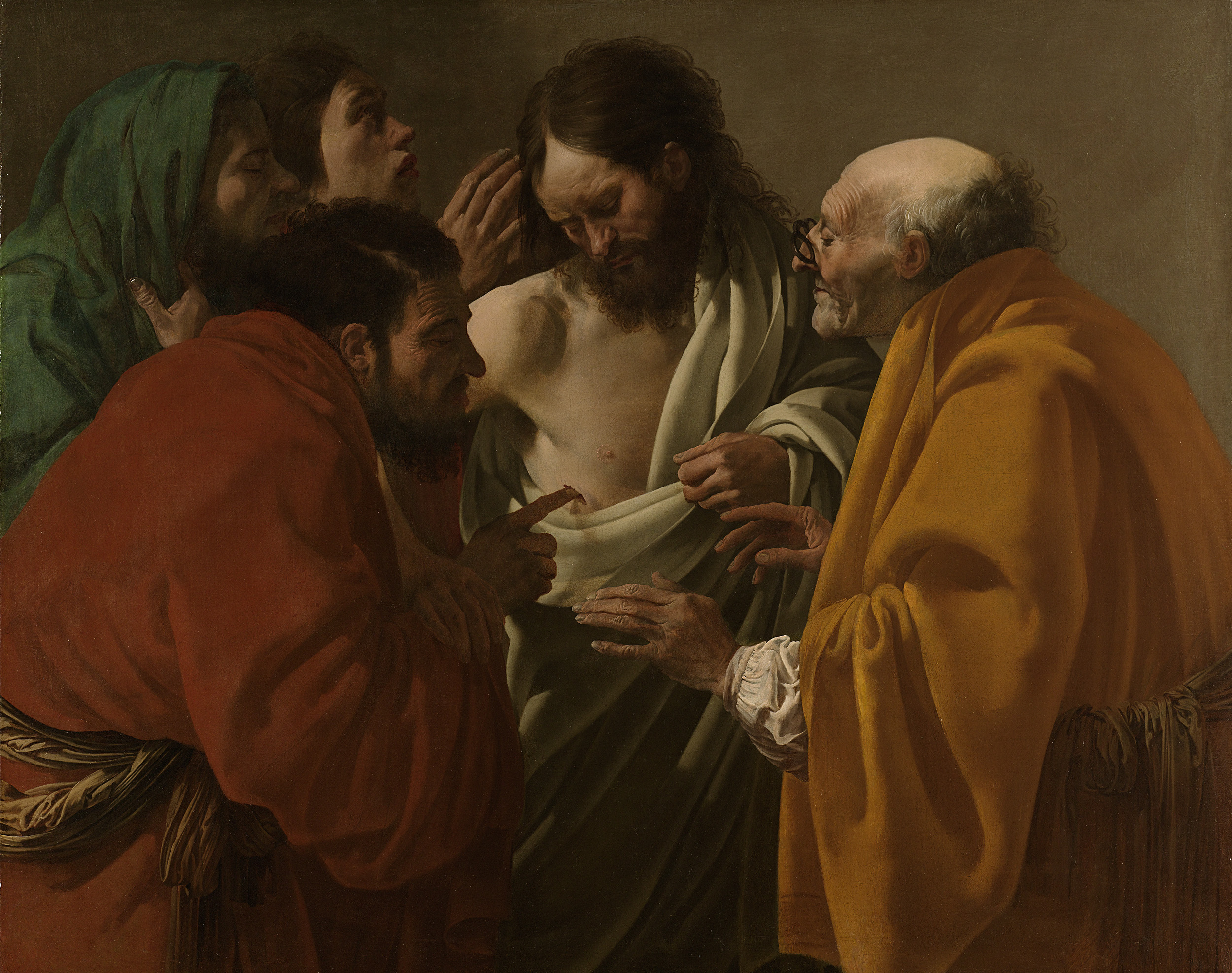 The Incredulity of Thomas, oil on canvas by Hendrick ter Brugghen, showing Thomas touching Christ's wounds.