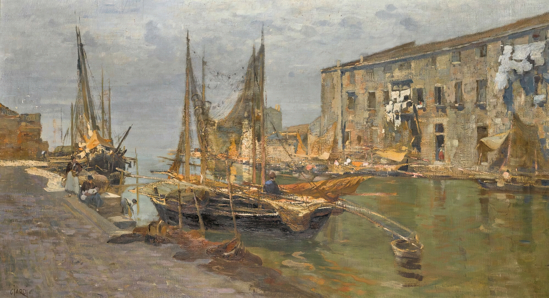 Canal In Venice by Guglielmo Ciardi, oil on canvas depicting twilight reflections on water